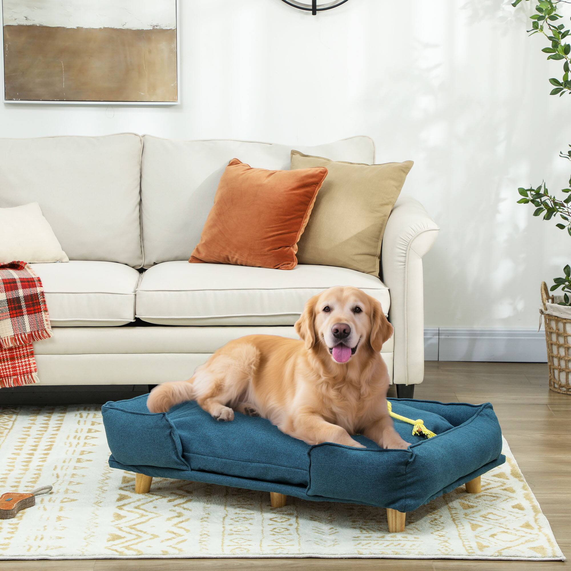Angle. Pawhut - Dog Sofa, Raised Couch with Comfortable Cushion, Pine Legs, Foot Pads, Large-Sized Dogs Indoor Use - Blue.