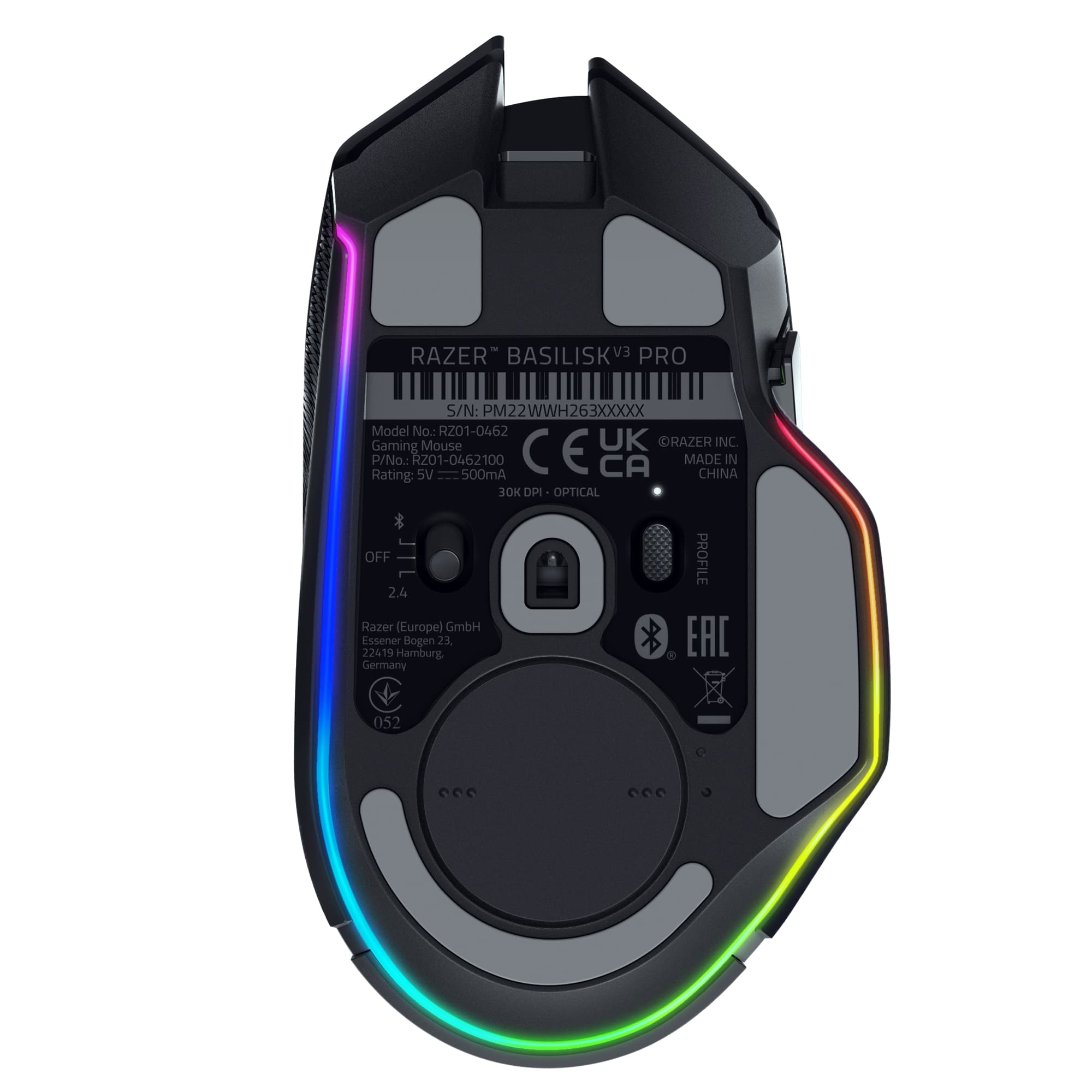 The image features a Razer Basilisk Pro gaming mouse, which has a unique design with a rainbow light on the bottom. The mouse is designed for gaming and has a sleek, modern appearance. The back of the mouse has a rainbow light, adding a touch of color and visual appeal to the device. The mouse is made in China and is compatible with both Windows and Mac operating systems.