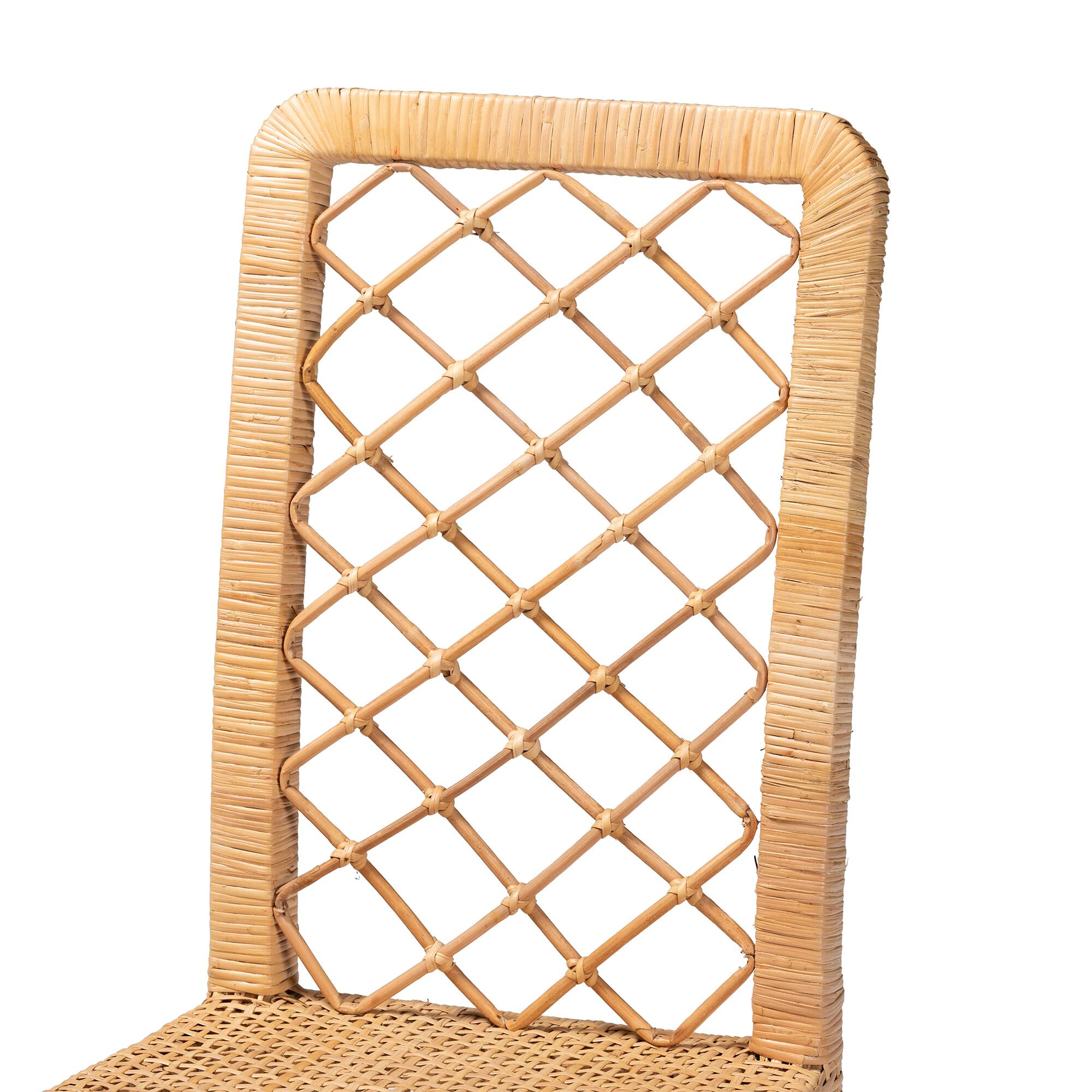 Back. bali & pari - Moscow Modern Bohemian Rattan and Mahogany Wood 2-Piece Dining Chair Set - Natural Brown/Walnut Brown.