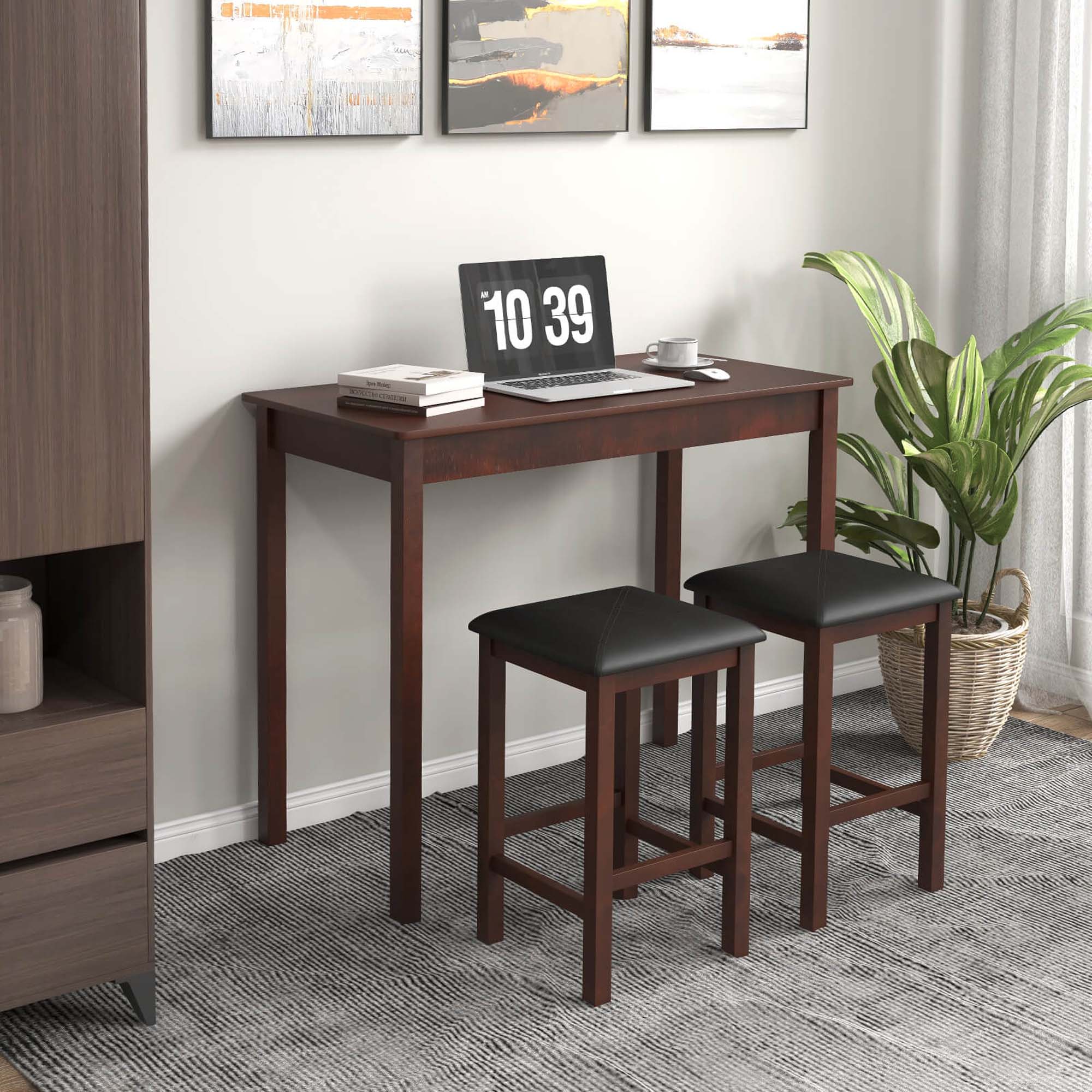 Alt View 8. Costway - 3 PCS Bar Table Set Dining Table & 2 PVC Leather Upholstered Bar Stools Rustic - Brown+Black.