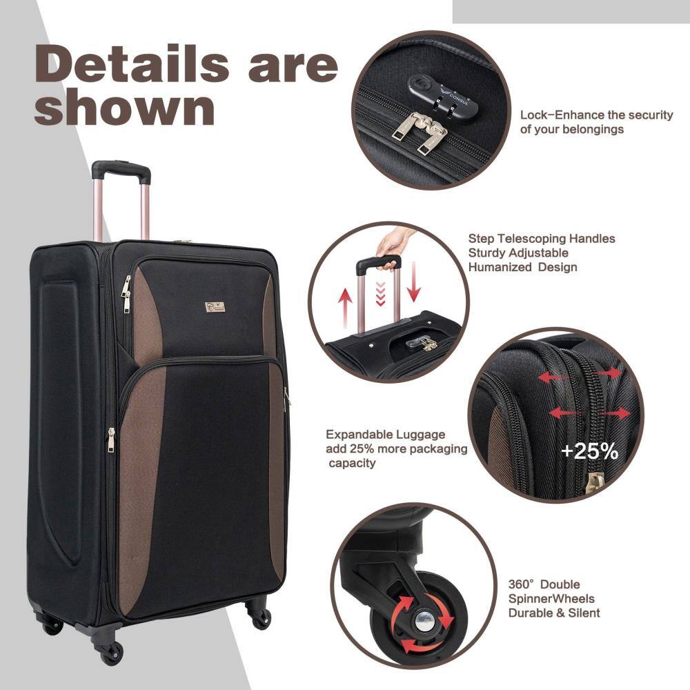 Details are shown

- Lock: Enhance the security of your belongings
- Step Telescoping Handles: Sturdy Adjustable Humanized Design
- Expandable Luggage: add 25% more packaging capacity
- 360° Double SpinnerWheels: Durable & Silent