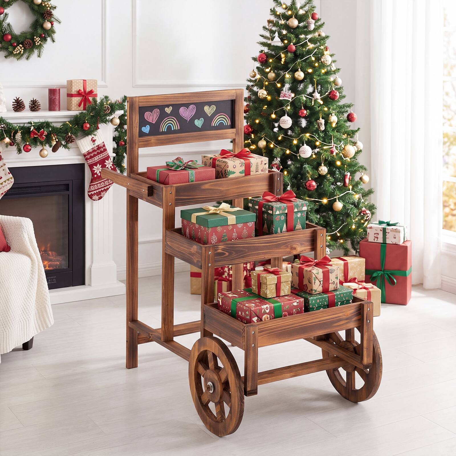 Alt View 5. Costway - Costway 3-Tier Carbonized Fir Wood Plant Display Stand with Chalkboard and 2 Wheels - Brown.