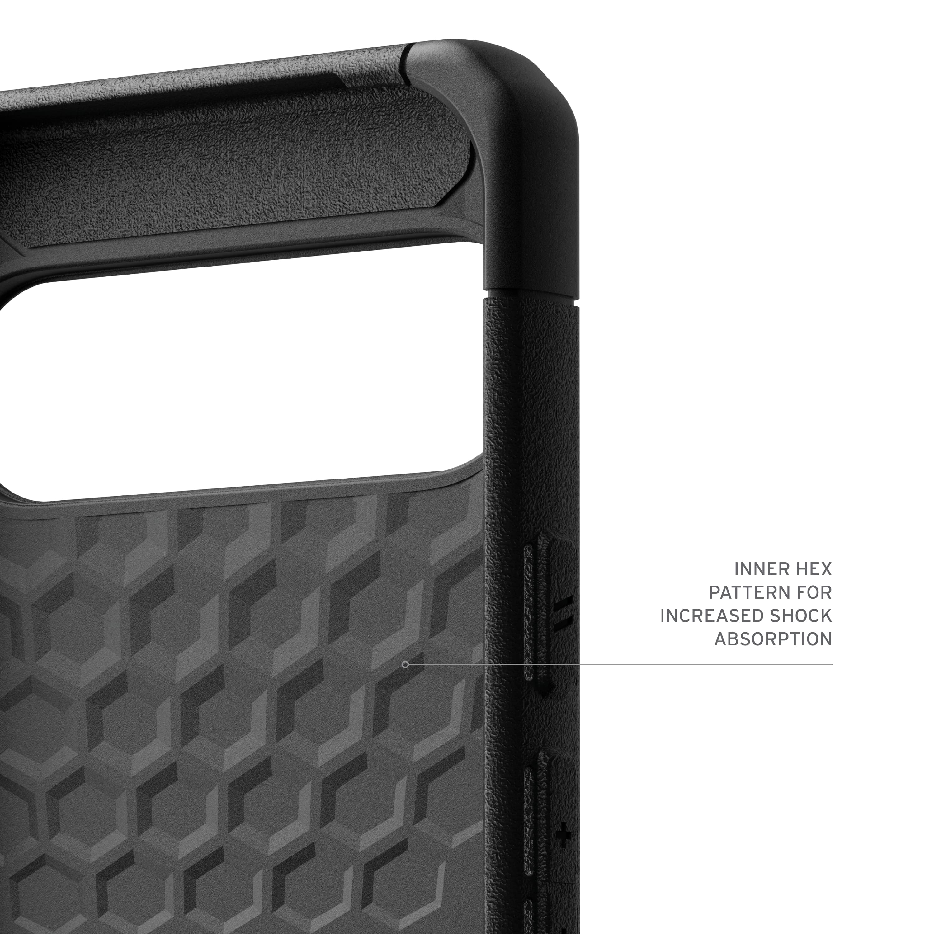 The image shows a close-up of the back of a cell phone case, which features a unique pattern. The case is designed to provide increased shock absorption, making it a more protective option for the phone. The pattern on the case is described as an "inner hex pattern," which likely contributes to the shock absorption properties.