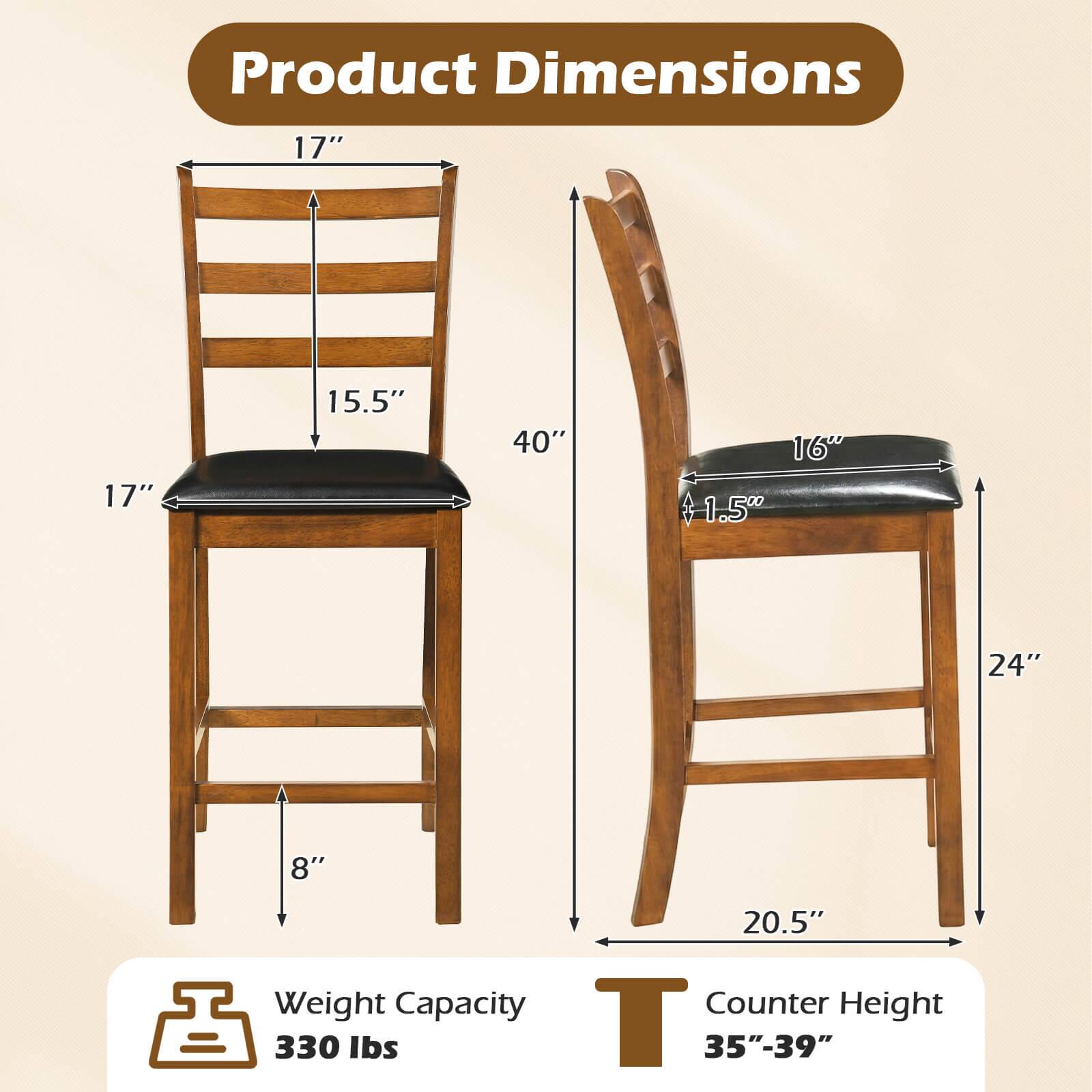 Product Dimensions: 17" x 17" x 15.5" x 40"  
Weight Capacity: 330 lbs  
Counter Height: 35"-39"