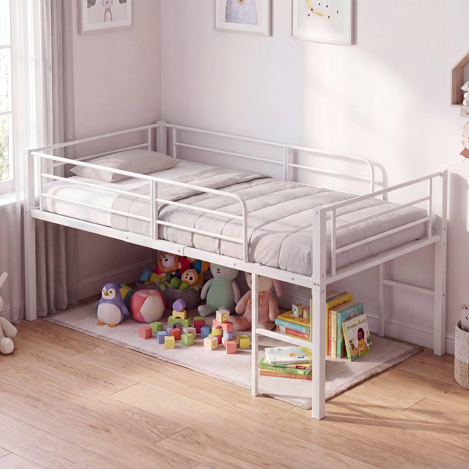 Alt View 4. Costway - Costway Twin Size Low Loft Bed, Heavy Duty Metal Bed Frame with Safety Guardrails & 2 Ladders - White.
