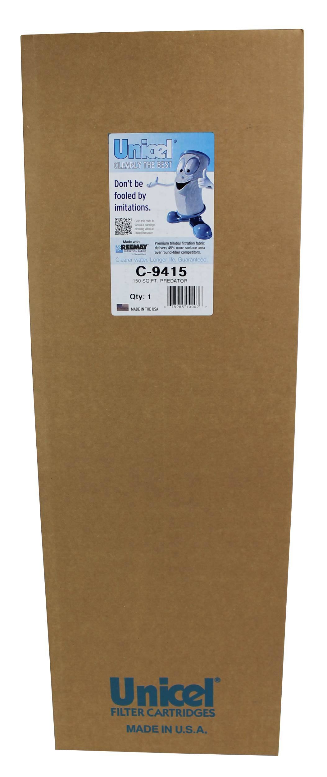 Unicel  
CLEARLY THE BEST  
Don't be fooled by imitations.  

Premium Ultrafiltration Fabric  
REEMAY delivers 40% more surface area for clearer water. Longer life. Guaranteed  

C-9415  
150 SQ FT. FILTER AREA  

Qty: 1  

MADE IN U.S.A.  

Unicel  
FILTER CARTRIDGES  
MADE IN U.S.A.