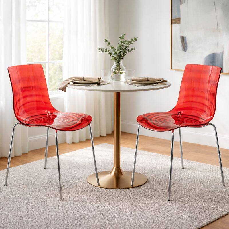Angle. LeisureMod - Astor 2-Pieces Modern Plastic Dining Chair with Ripple Pattern and Chrome Metal Legs - Transparent Red.