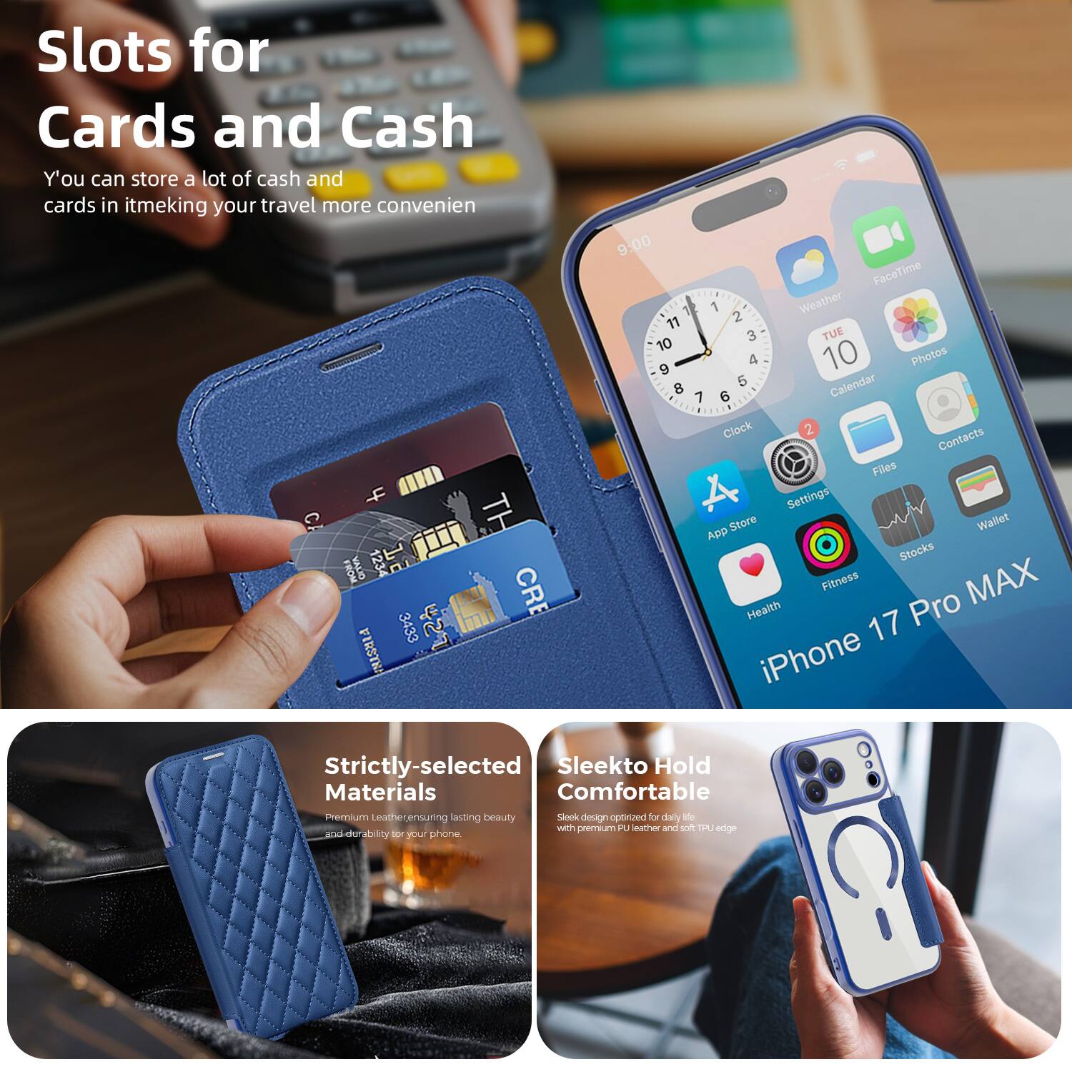 Slots for Cards and Cash  
You can store a lot of cash and cards in it, making your travel more convenient.

Strictly-selected Materials  
Premium Leather ensuring lasting beauty and durability for your phone.

Sleek to Hold Comfortable  
Sleek design optimized for daily life with premium PU leather and soft TPU edge.