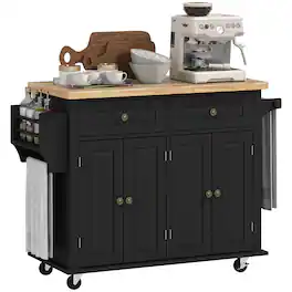Homcom - Kitchen Island Cart with Rubber Wood Top, Portable Table on Wheels with Adjustable Shelves, Spice Rack and Towel Rack - Black