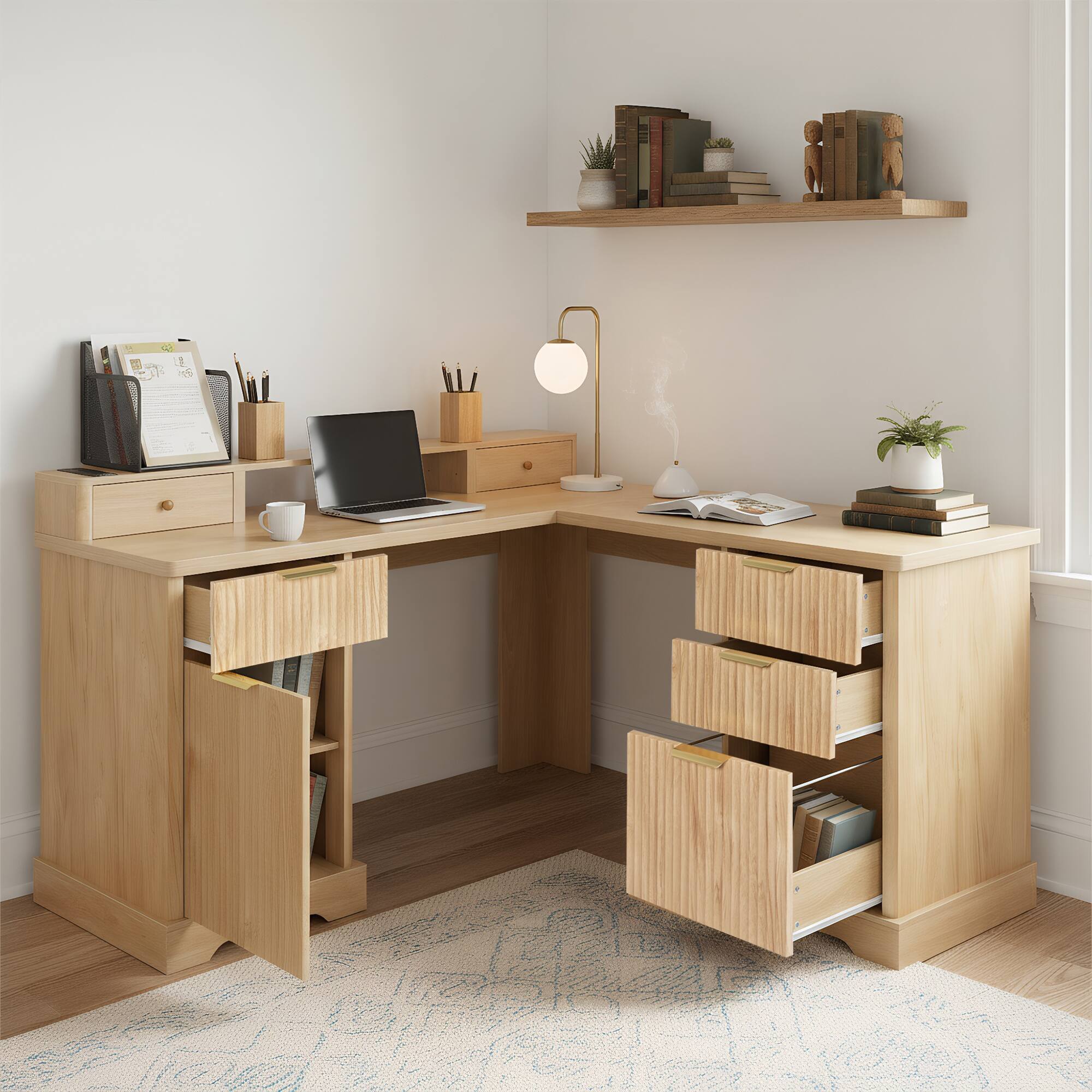 Angle. Loheer - Loheer L Shaped Desk with Charging Station, Modern Fluted Oak Home Office Desk with File Drawer and Cabinet - Light Oak.