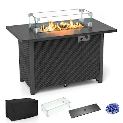 Front. SKONYON - Outdoor Propane Fire Pit Table with Glass Wind Guard 50000 BTU Output and Large Tabletop.