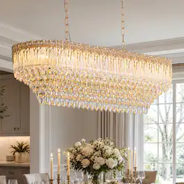 Siljoy - 40'' Modern Crystal Chandelier, 16-Light Luxury Rectangle K9 Crystal Chandelier for Dining Room, Living Room - Gold