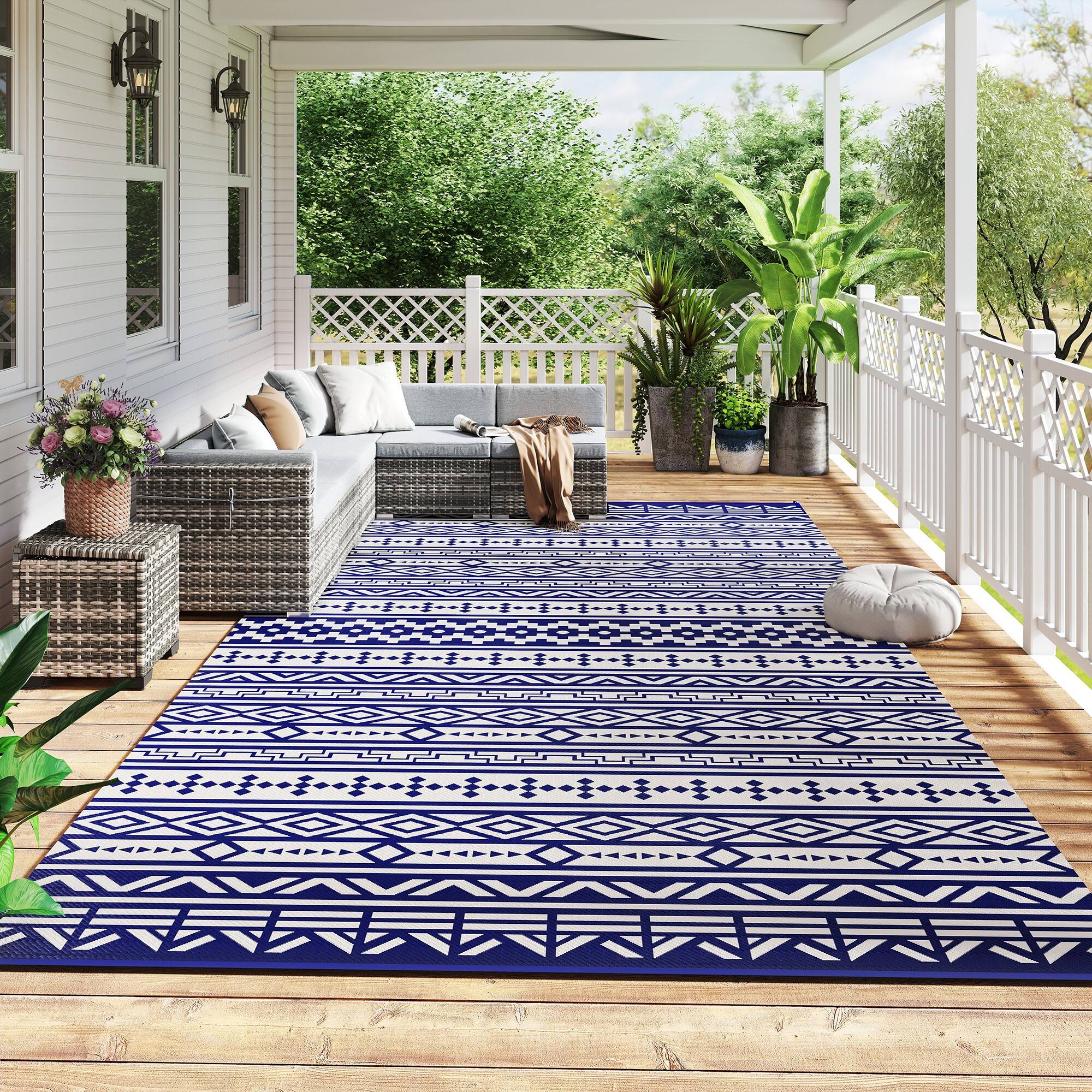 Alt View 1. Outsunny - Outdoor Rug for Patio, 9' x 18' Waterproof Large Mat, Reversible Plastic Straw Rug for Décor - Blue and White Geometric Wall.
