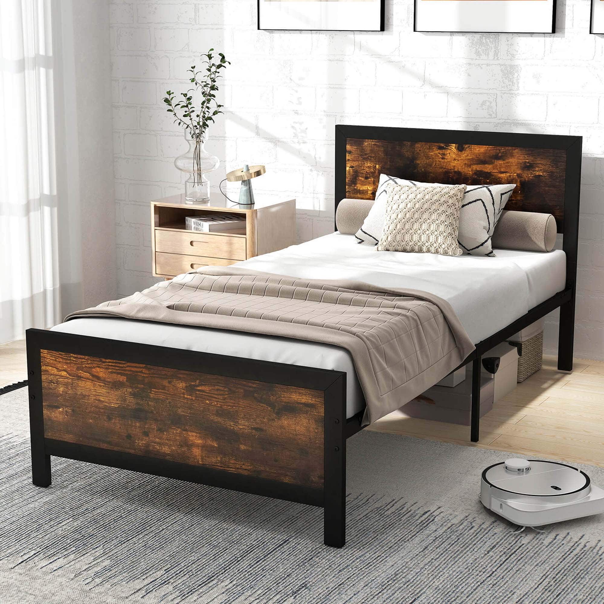 Alt View 2. Costway - Twin Size Metal Bed Frame with Headboard & Footboard Metal Slats Support - Brown.