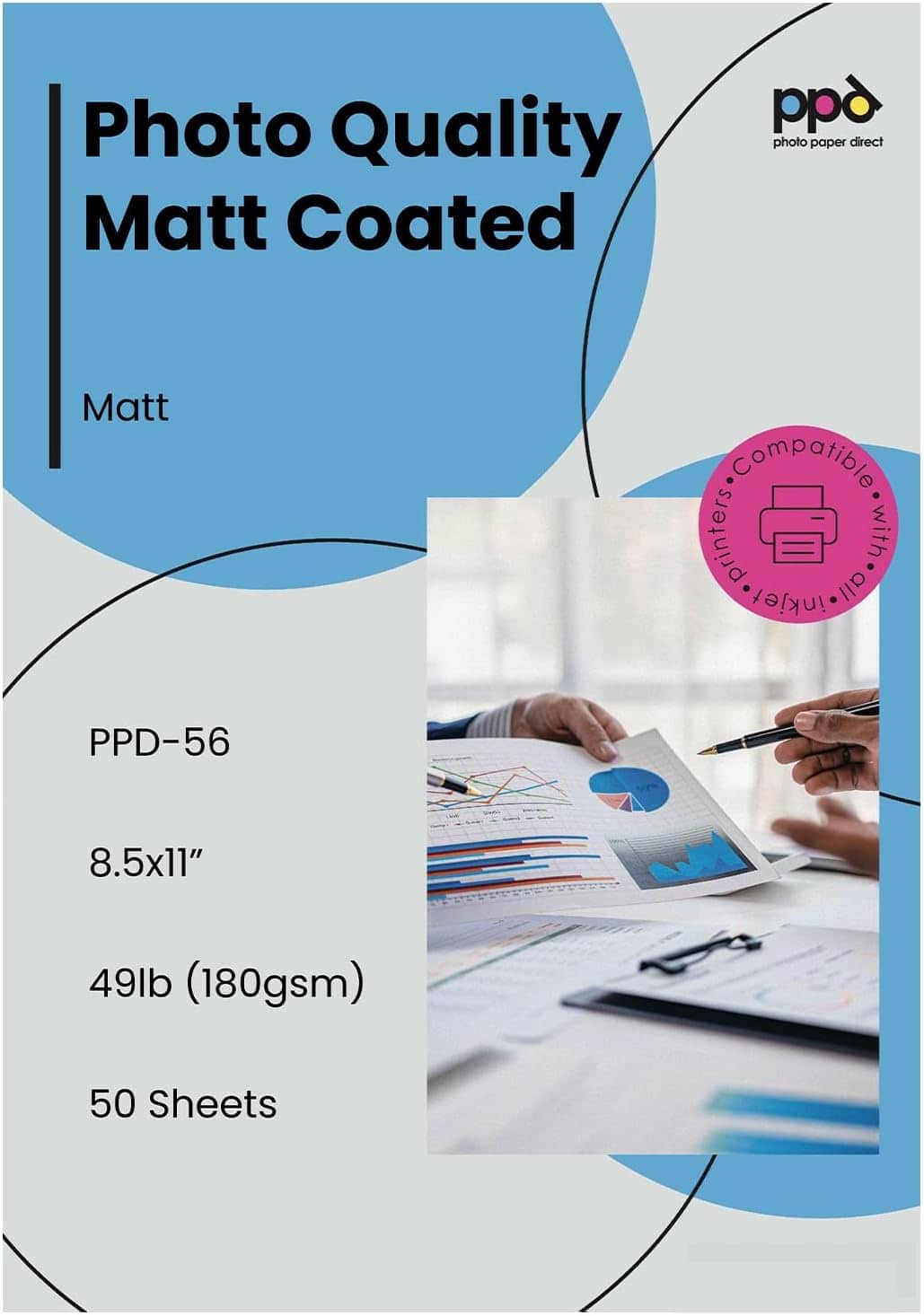 Photo Paper Direct - Matte Photo Paper 8.5x11 for Inkjet Printers (100 sheets/180 gsm) - White