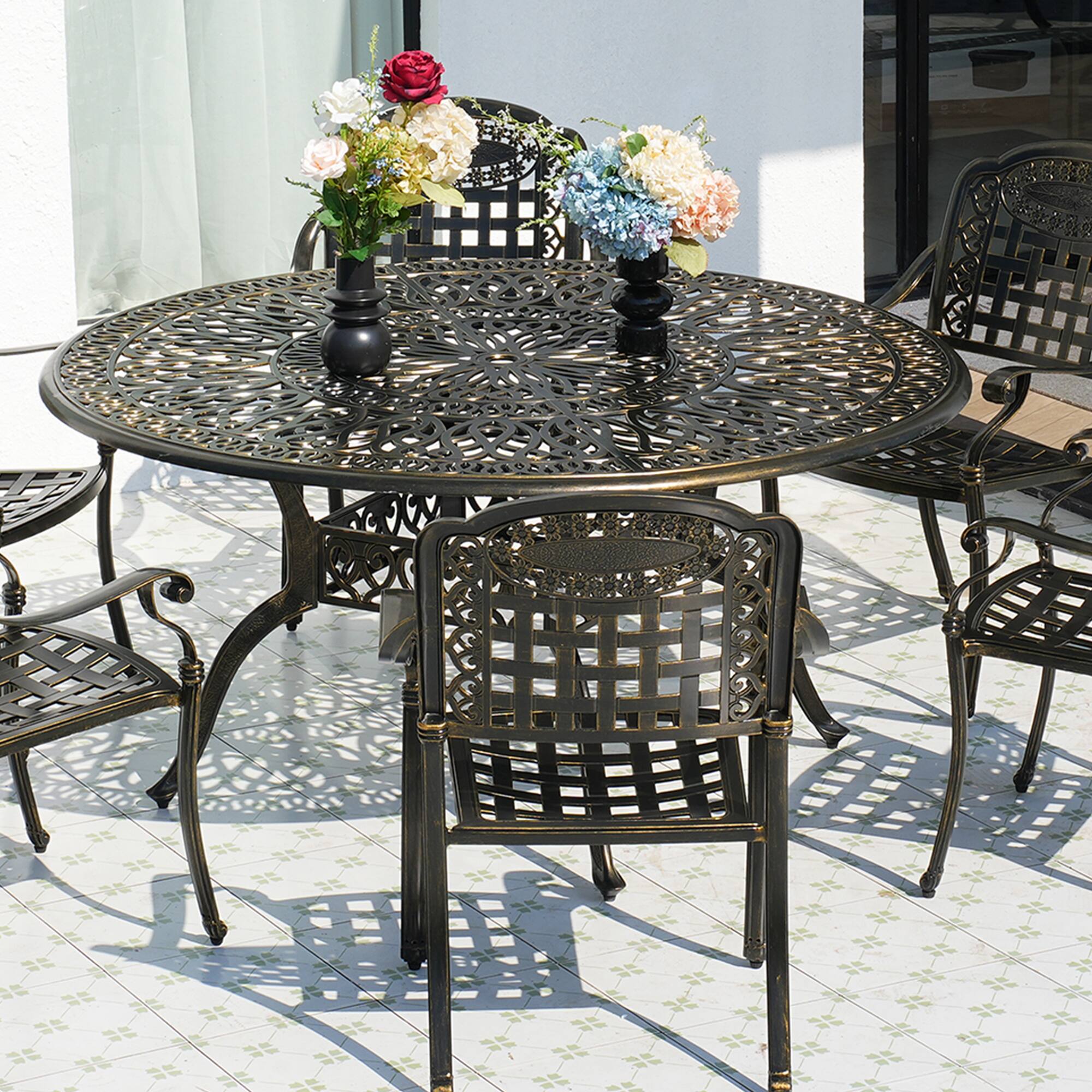 Left. Mondawe - 59" Cast Aluminum Round Dining Table with Umbrella Hole - Bronze.