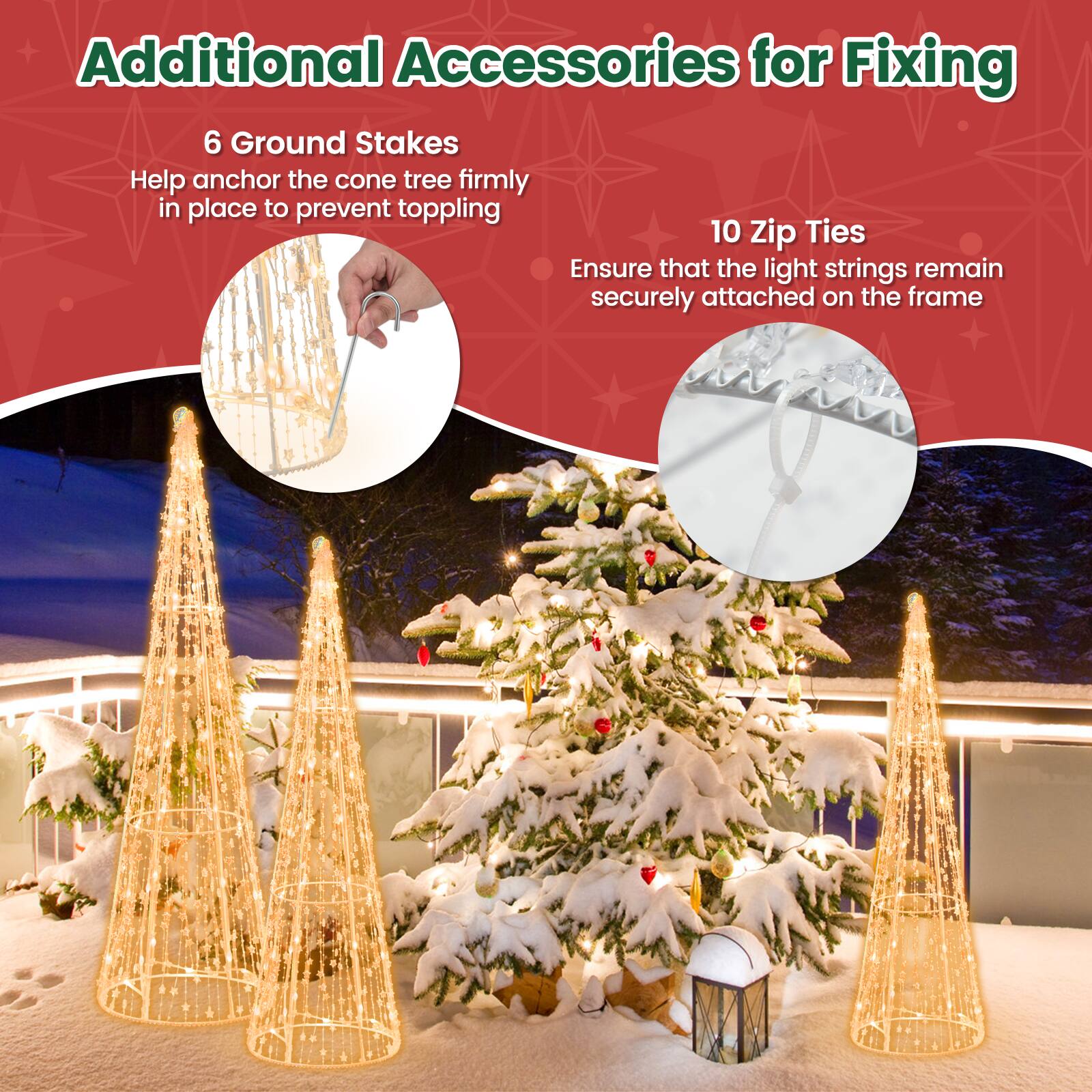 Additional Accessories for Fixing

6 Ground Stakes  
Help anchor the cone tree firmly in place to prevent toppling

10 Zip Ties  
Ensure that the light strings remain securely attached on the frame