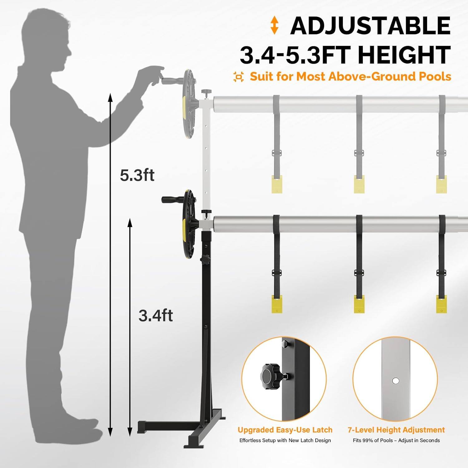 ADJUSTABLE 3.4-5.3FT HEIGHT  
Suit for Most Above-Ground Pools  

Upgraded Easy-Use Latch  
Effortless Setup with New Latch Design  

7-Level Height Adjustment  
Fits 99% of Pools - Adjust in Seconds