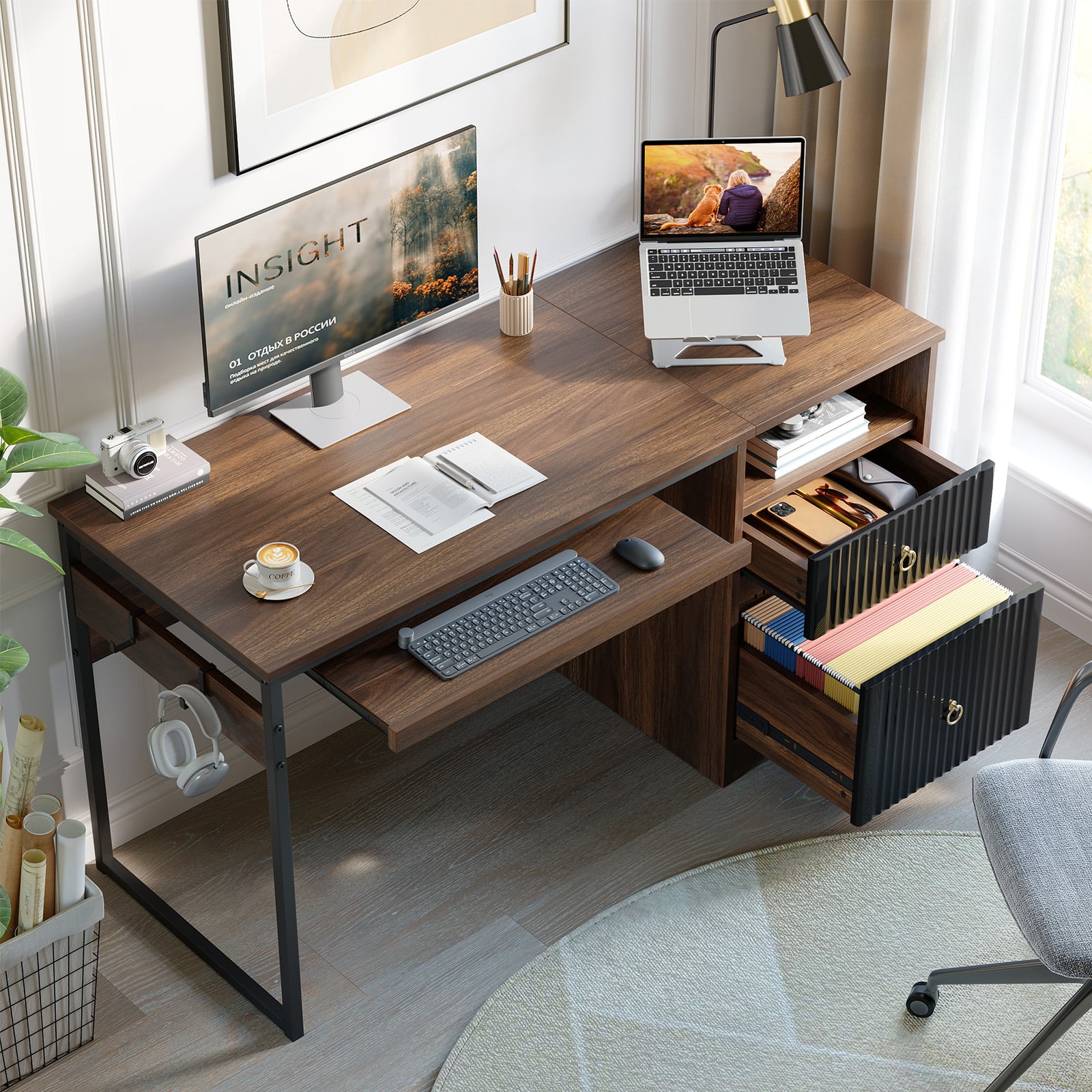 Angle. Bestier - 55inch Executive Computer desk with Keyboard Tray Modern Storage File Drawer Fluted Panel 2 Hooks - Walnut.