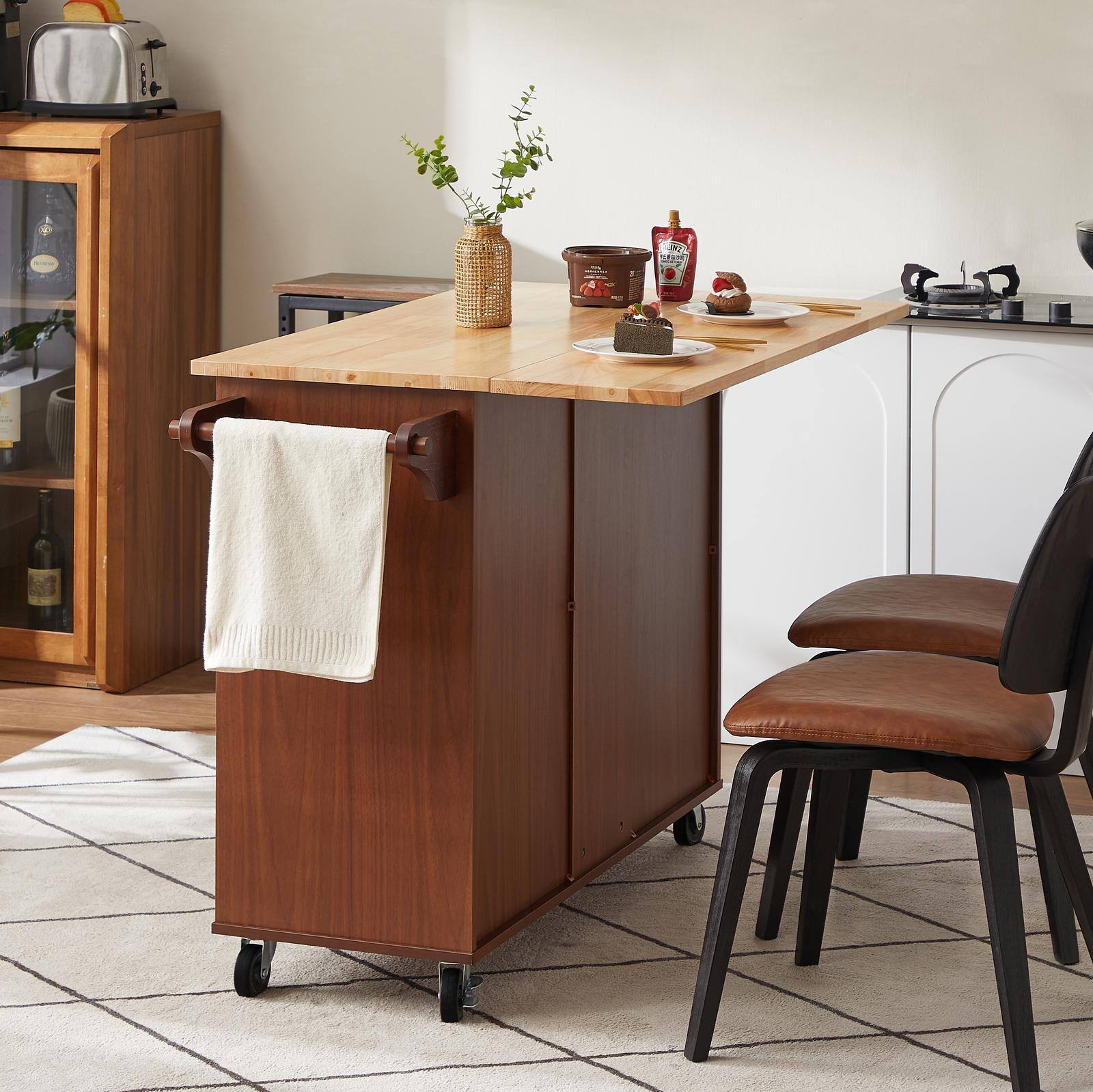 Alt View 7. Spaco - Spaco Barn Door Kitchen Island Cart with Drop Leaf, Storage Cabinet, Towel Rack, Rolling Cart on Wheels for Kitchen - Brown.