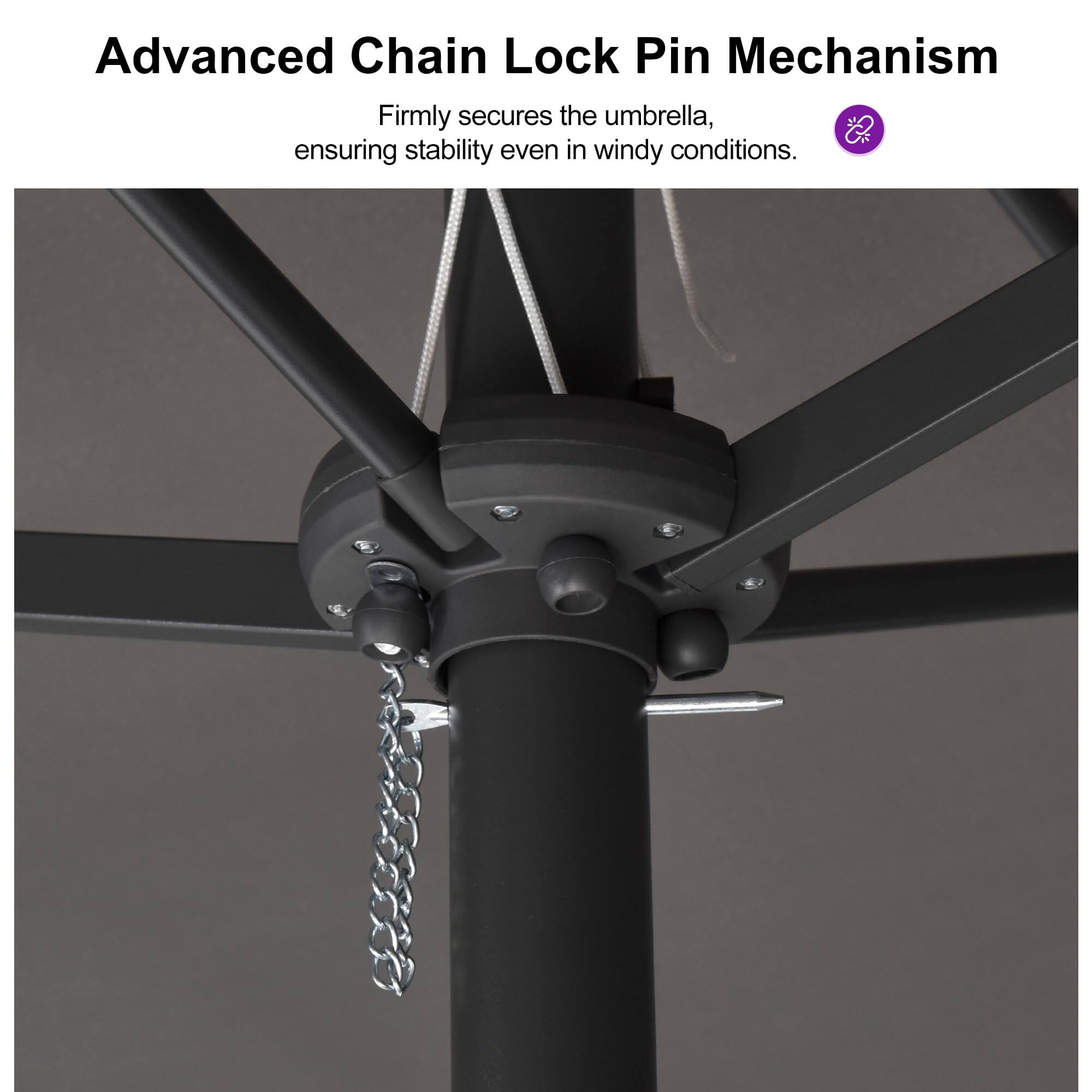 Advanced Chain Lock Pin Mechanism  
Firmly secures the umbrella, ensuring stability even in windy conditions.