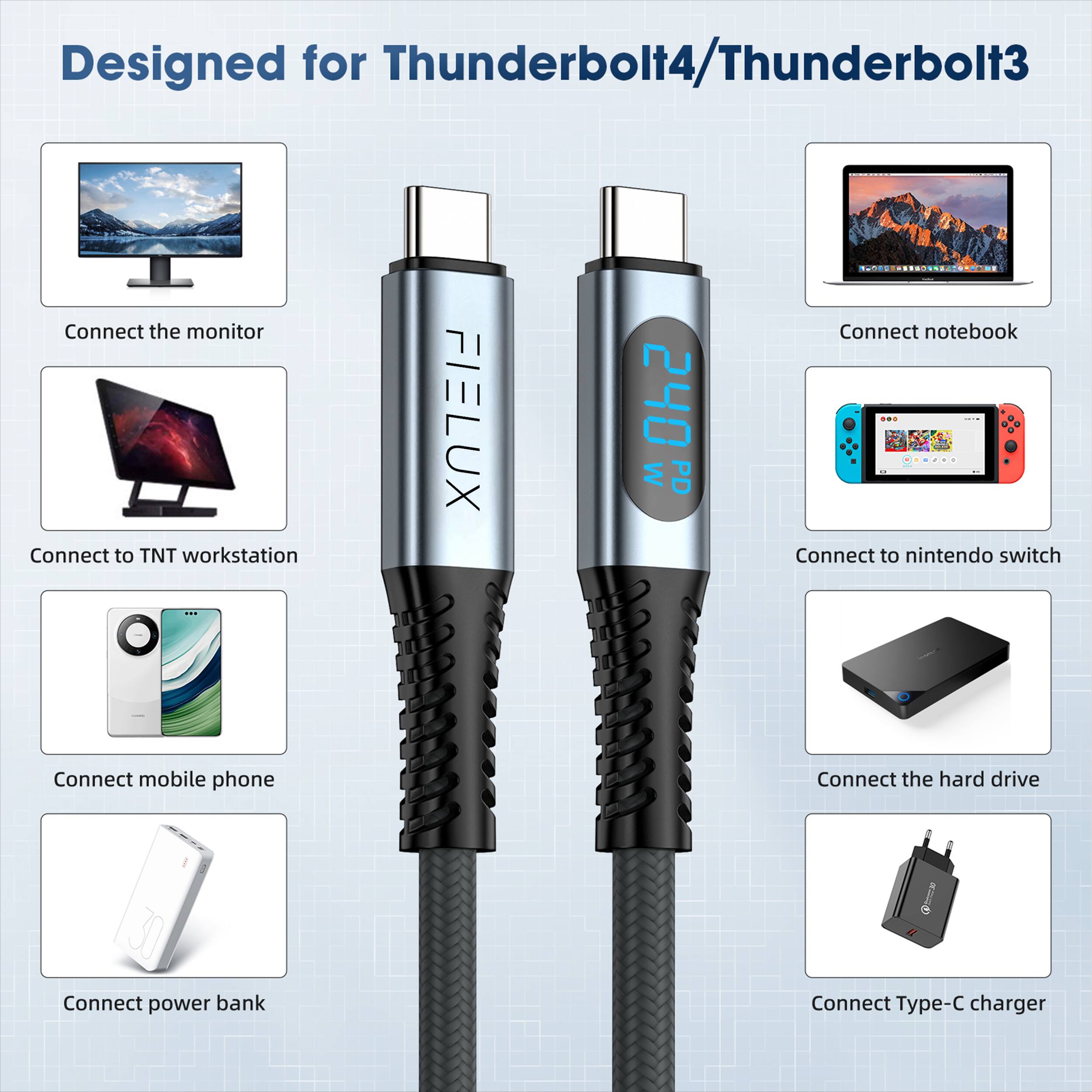 Designed for Thunderbolt4/Thunderbolt3

- Connect the monitor
- Connect to TNT workstation
- Connect notebook
- Connect to Nintendo Switch
- Connect mobile phone
- Connect the hard drive
- Connect power bank
- Connect Type-C charger