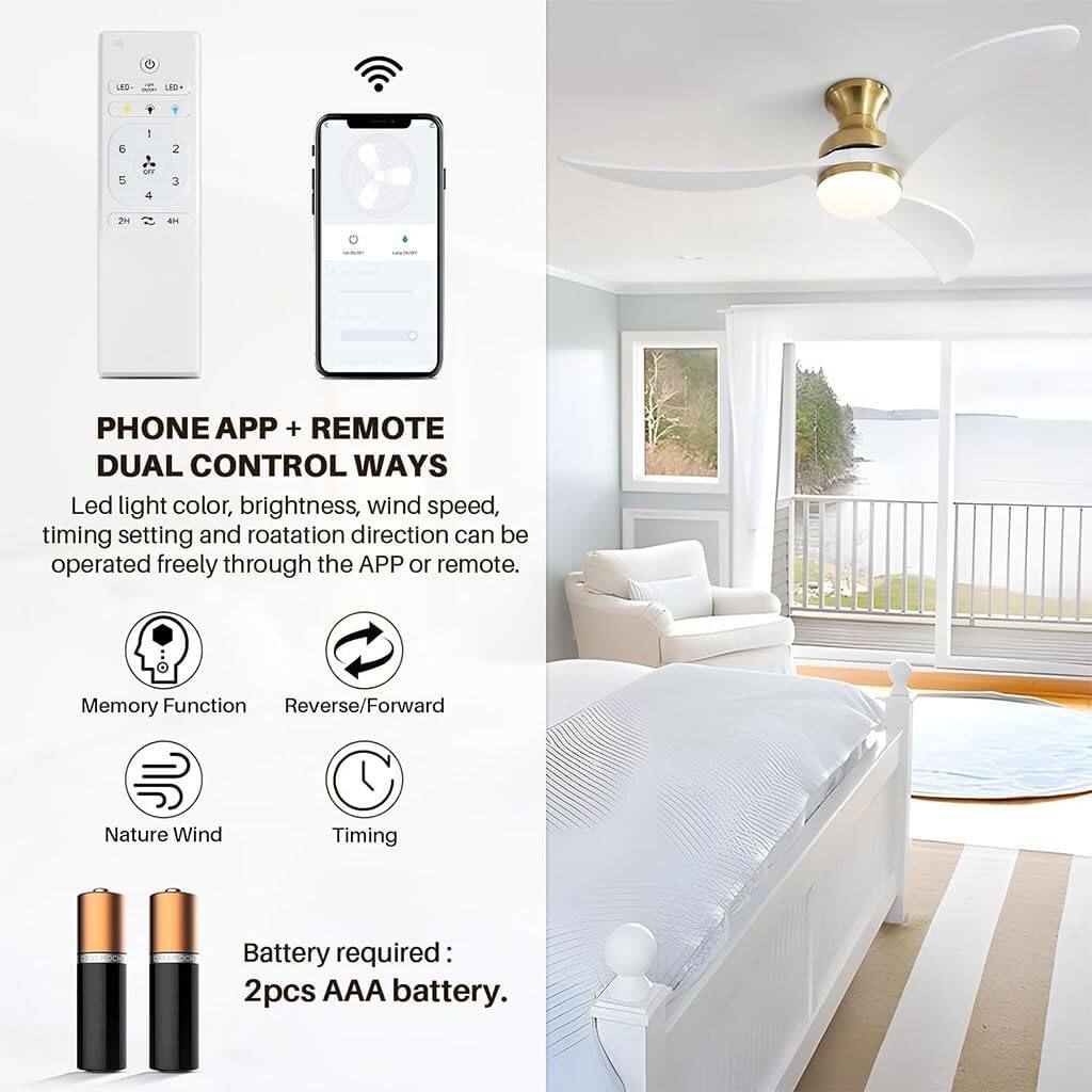 PHONE APP + REMOTE DUAL CONTROL WAYS

Led light color, brightness, wind speed, timing setting and rotation direction can be operated freely through the APP or remote.

Memory Function  
Reverse/Forward  
Nature Wind  
Timing  

Battery required: 2pcs AAA battery.