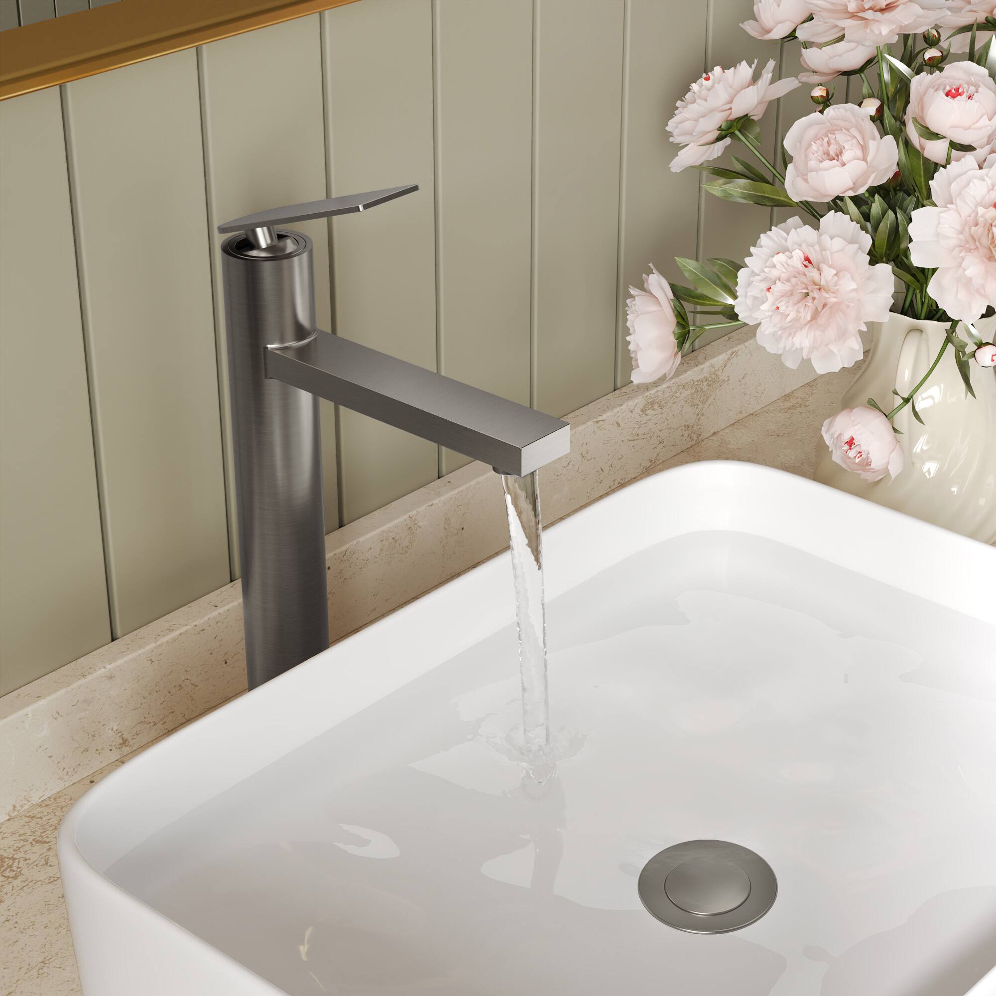 Alt View 7. GRANDJOY - Single Handle Vessel Bathroom Faucet with Pop-Up Drain, 12 in High-Arc Square Spout for Above Counter Sinks - Brushed Nickel.