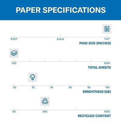 PAPER SPECIFICATIONS

PAGE SIZE (INCHES)
- 8.5x11
- 8.5x14
- 11x17

TOTAL SHEETS
- 500
- 5000

BRIGHTNESS (GE)
- 90
- 92
- 94
- 95
- 93
- 100

RECYCLED CONTENT
- 0%
- 30%
- 100%