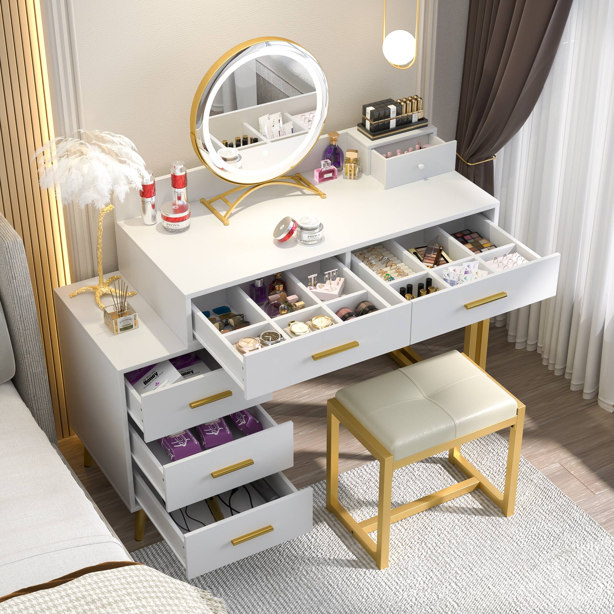 Alt View 1. Aheaplus - Modern Vanity Desk with LED Mirror & 6 Drawers - Includes Cushioned Stool & Organizers for Bedroom - White.