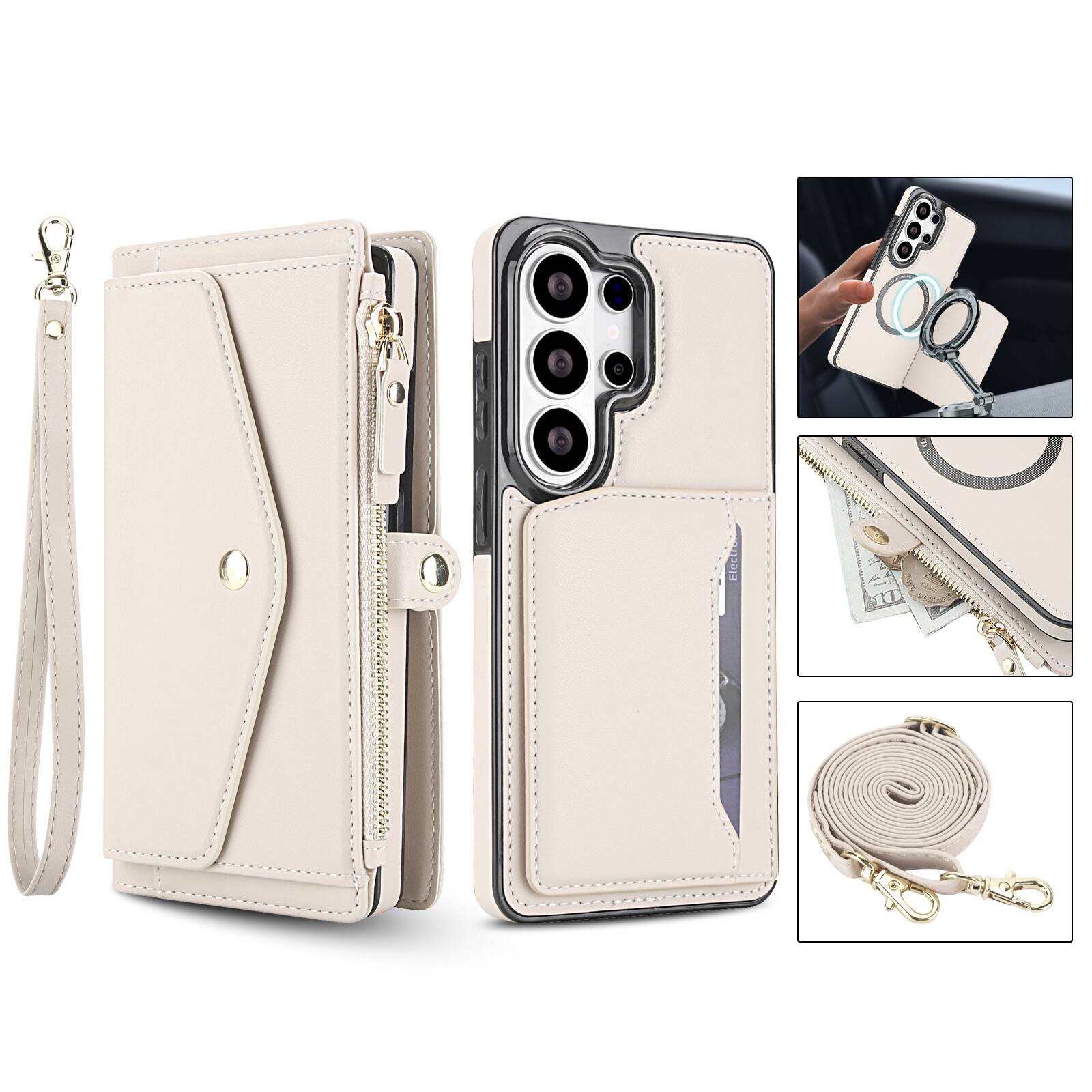 Alt View 5. UUCOVER - Magnetic Leather Detachable Zipper Wallet RFID Blocking Case for Samsung Galaxy S26 Ultra+Shoulder Strap / Wrist Strap - White.