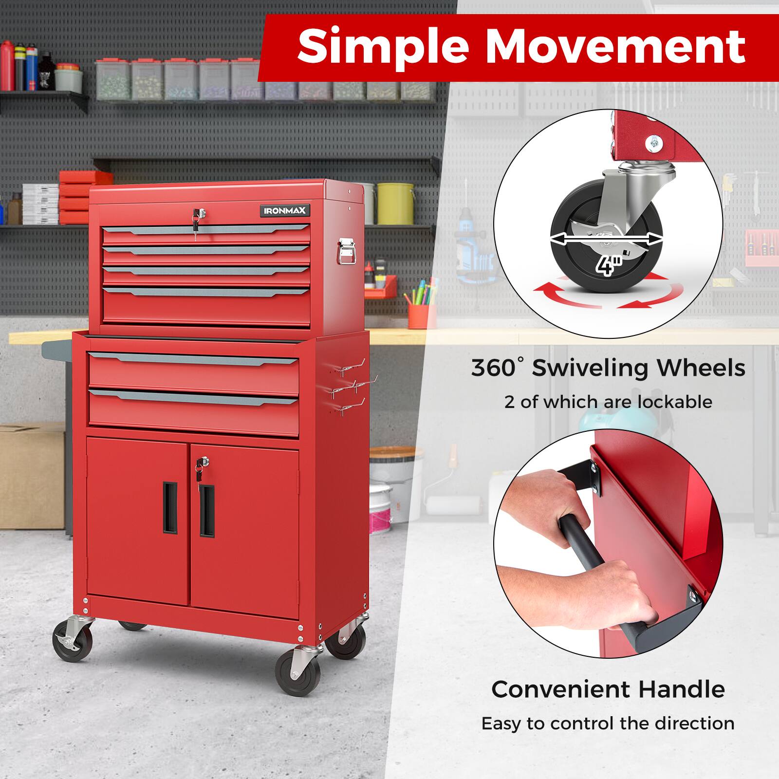 Simple Movement IRONMAX 4" 360 Swiveling Wheels 2 of which are lockable Convenient Handle Easy to control the direction