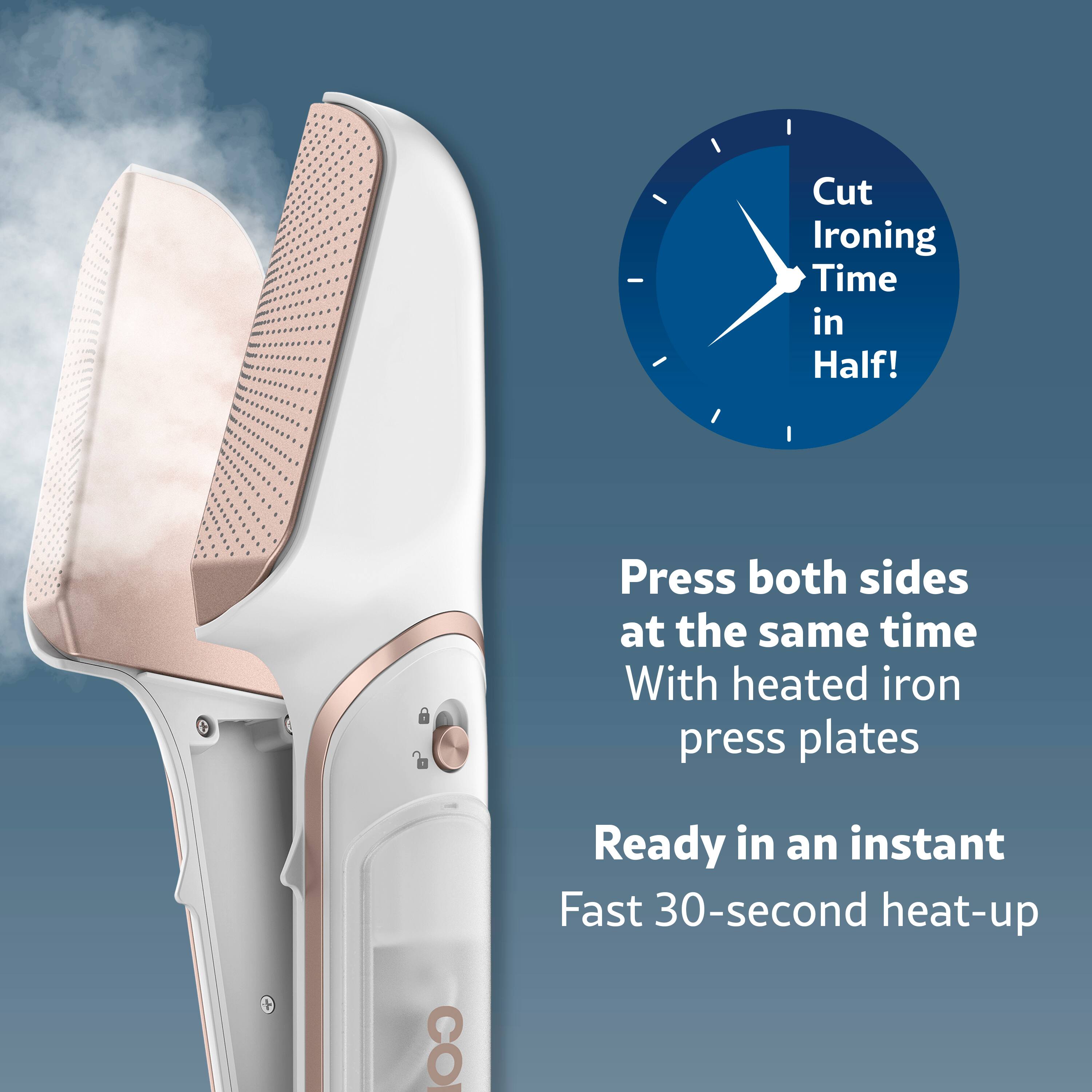 Cut Ironing Time in Half! Press both sides at the same time With heated iron press plates Ready in an instant Fast 30-second heat-up CO.