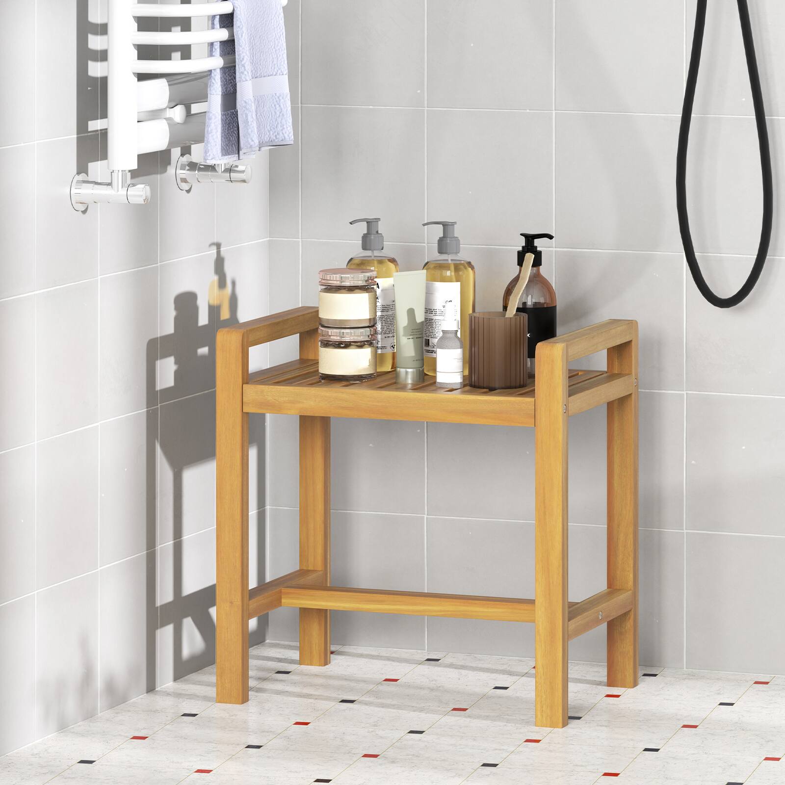 Alt View 1. Gymax - Gymax Teak Wood Shower Bench Solid Wood Stool for Inside Shower Shaving Legs Natural - Natural.