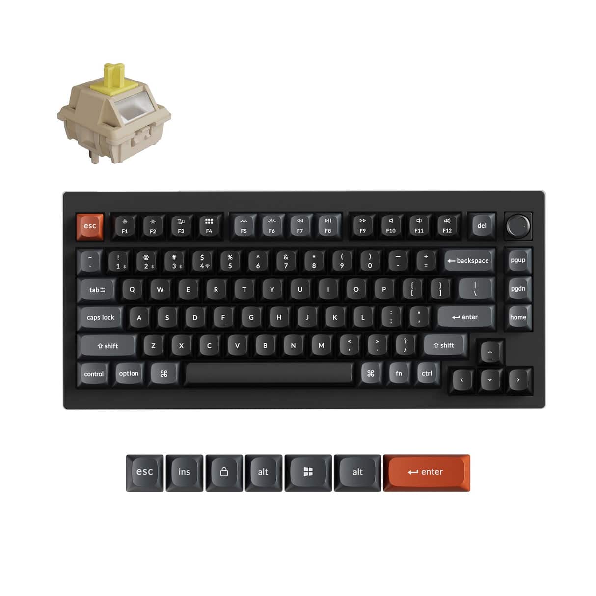 esc
F1
F2
F3
F4
F5
F6
F7
F8
F9
F10
F11
F12
del
! 1
@ 2
# 3
$ 4
% 5
^ 6
& 7
* 8
( 9
) 0
-
backspace
pgup
tab
Q
W
E
R
T
Y
U
I
O
P
[ {
] }
| \
pgdn
caps lock
A
S
D
F
G
H
J
K
L
: ;
" "
enter
home
shift
Z
X
C
V
B
N
M
, <
. >
? /
shift
control
option
fn
ctrl
esc
ins
alt
alt
enter