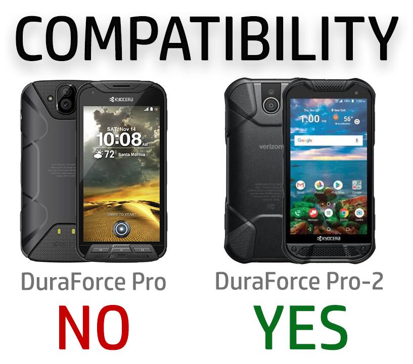 COMPATIBILITY

KYOCERA

SAT Nov 14 10:08 AM 72 Santa Monica

verizon

1:00 Fiber Google

56

SWIPE TO START

KYOCERA

Dura Force Pro NO

DuraForce Pro-2 YES