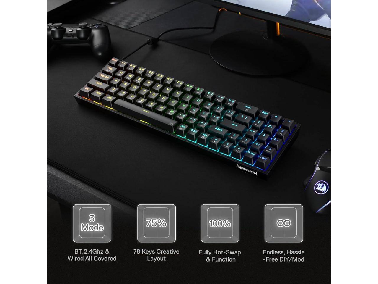 REDRAGON S136 75% Tri Mode Wireless RGB Mech Keyboard & 7200 DPI Mouse ...