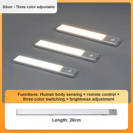 Silver - Three color adjustable
Functions: Human body sensing + remote control + three-color switching + brightness adjustment
Length: 20cm