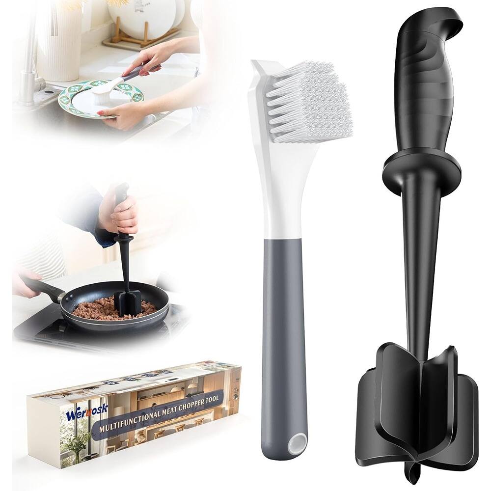 PARKER SLATER - Meat Chopper PRO – Heat-Resistant Ground Beef Masher & Hamburger Smasher Tool with Cleaning Brush - Black