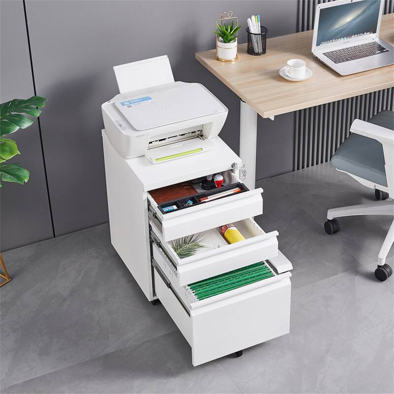 Angle. HTUTWOO - 3-Drawer Mobile File Cabinet with Lock - Steel Filing Cabinet, 5 Wheels with 2 Brakes & Anti-Tip, Pen Tray & Hanging Bar - White.