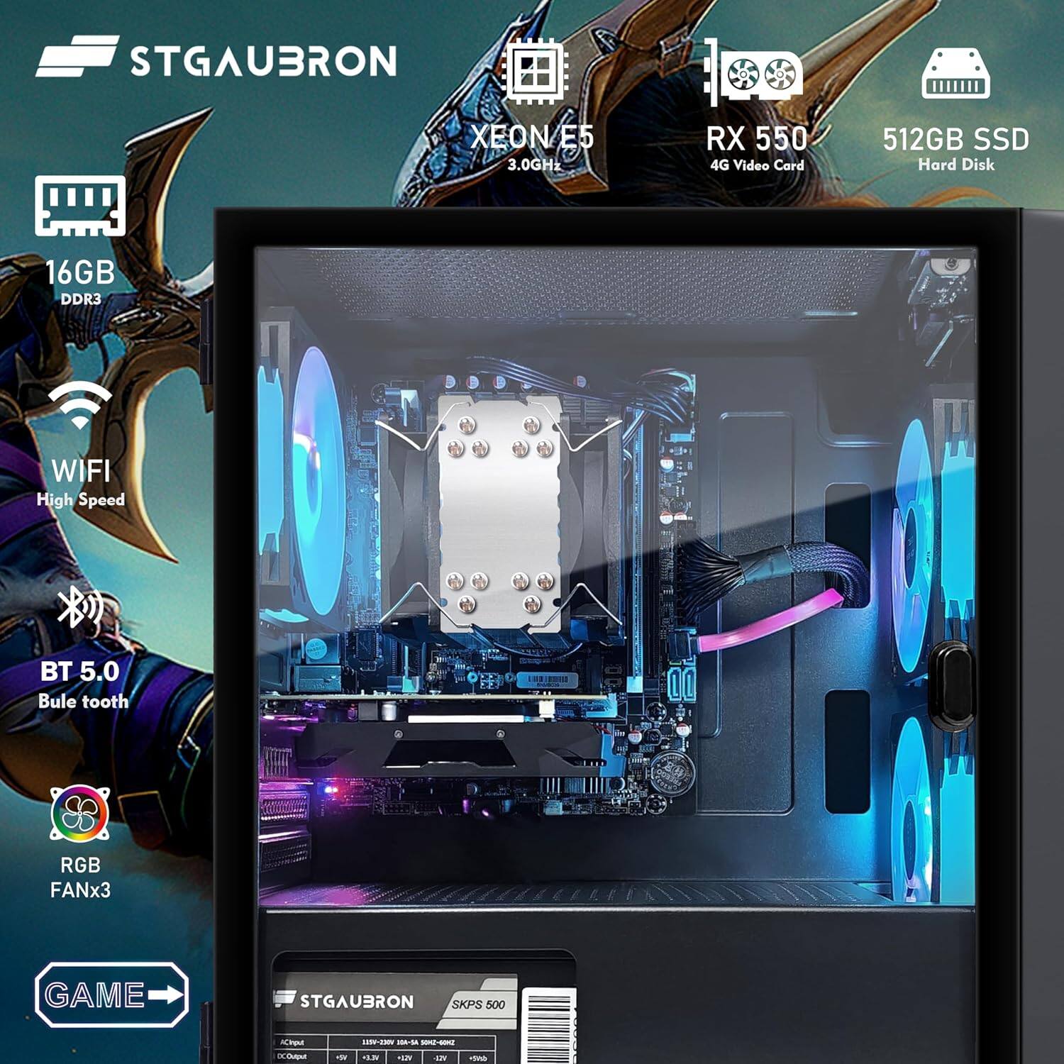 STGAUBRON XEON E5 3.0GHz RX 550 4G Video Card 512GB SSD Hard Disk 16GB DDR3 WIFI High Speed BT 5.0 Bluetooth RGB FANx3 GAME STGAUBRON SKPS 500 P L -t - 1 TAW Ti2