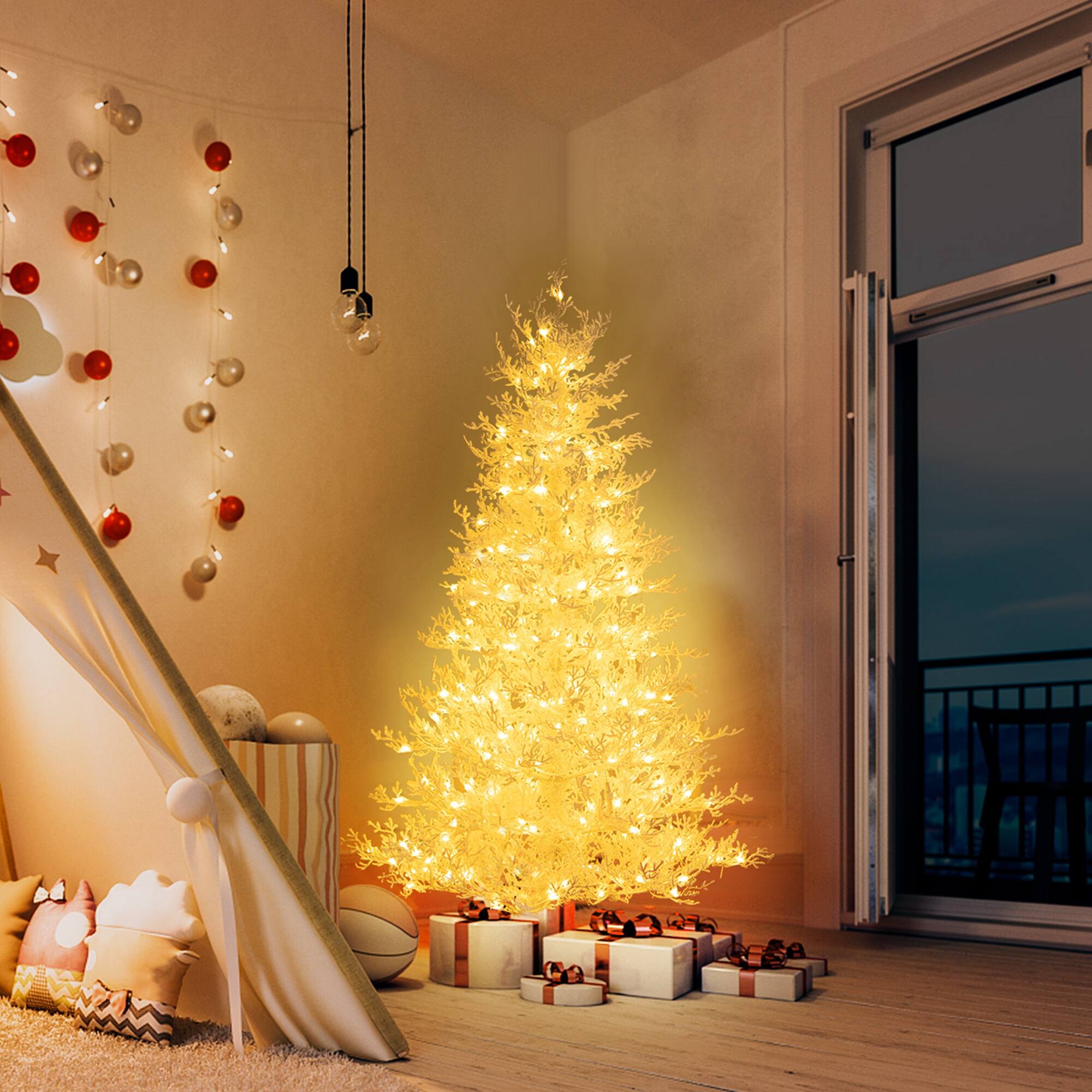 Alt View 11. Costway - 6 FT Pre-Lit Christmas Tree Snow Flocked Hinged 11 Lighting Modes with 300 Lights - White.