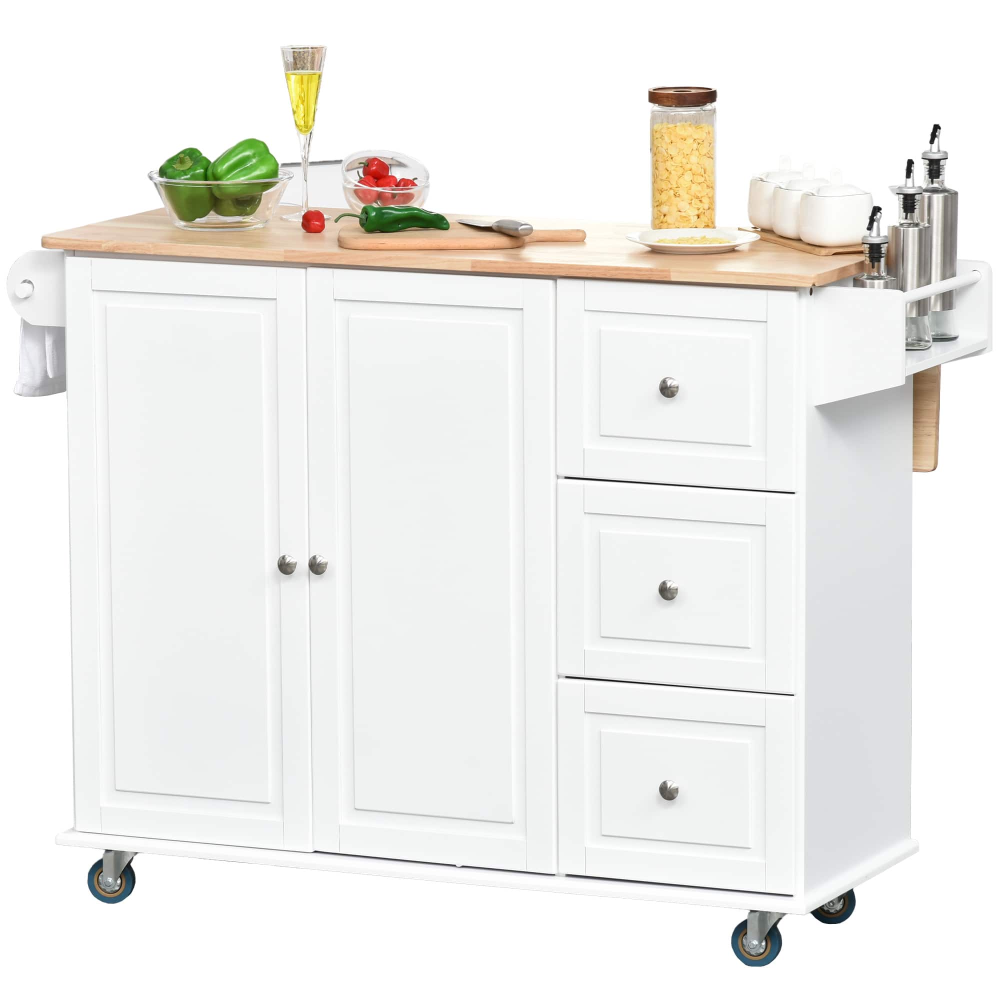 Homcom - Mobile Kitchen Island Storage Trolley Cart on Wheels with Dropleaf Top, Towel/Spice Rack, 3 Drawers, 2-Door Cabinet - White