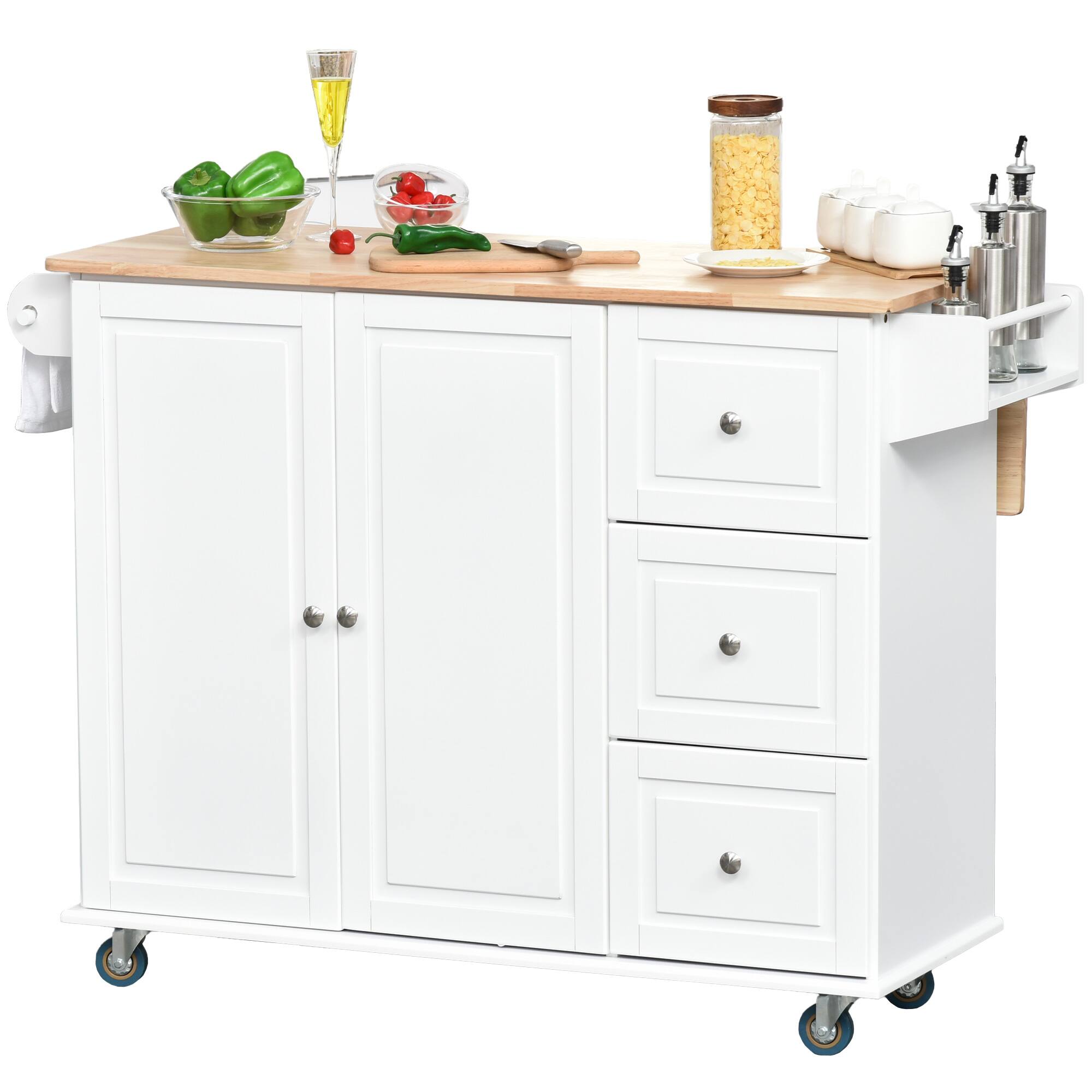 Front. Homcom - Mobile Kitchen Island Storage Trolley Cart on Wheels with Dropleaf Top, Towel/Spice Rack, 3 Drawers, 2-Door Cabinet - white.