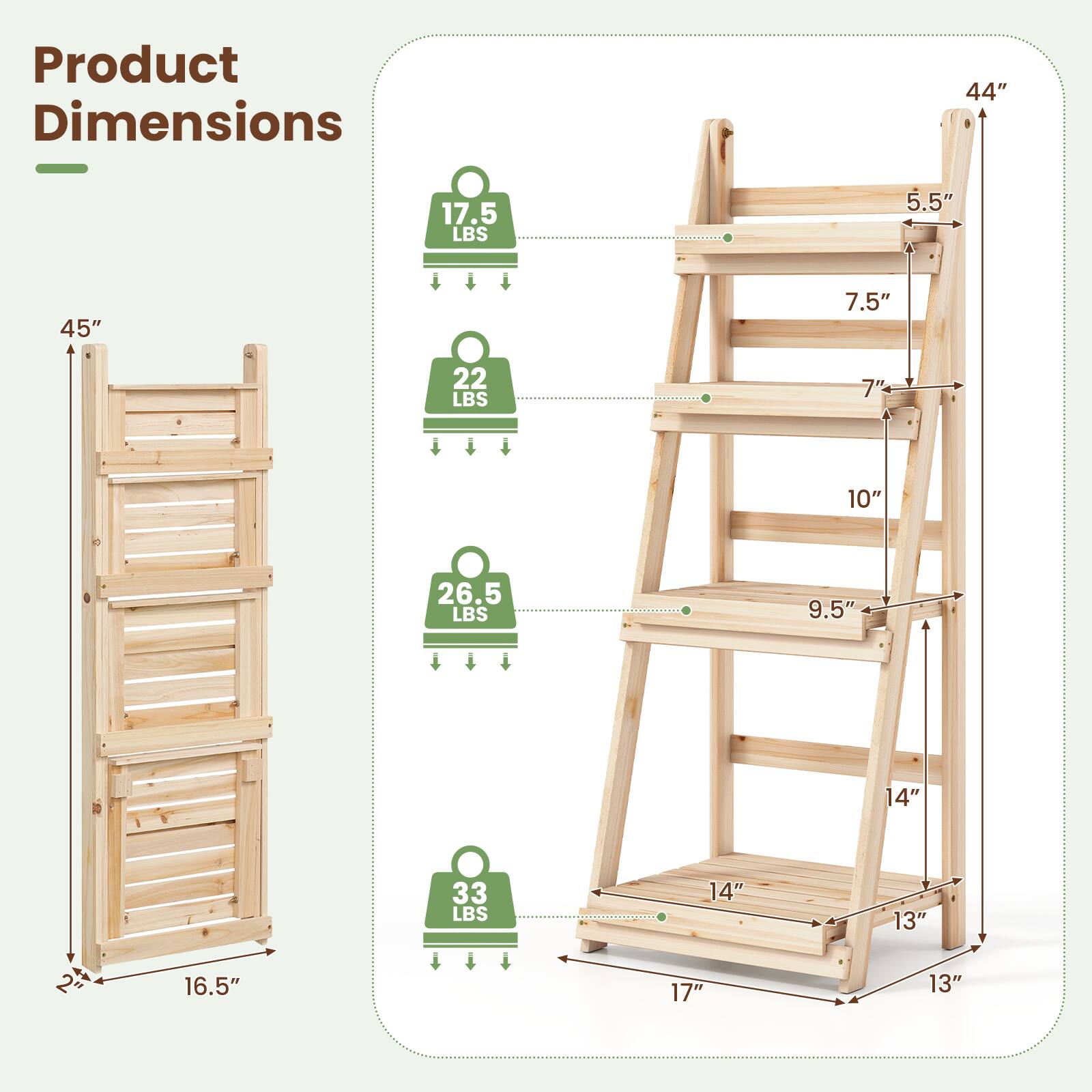 Product Dimensions

44"  
17.5 LBS  
5.5"  
45"  
7.5"  
22 LBS  
10"  
26.5 LBS  
9.5"  
14"  
33 LBS  
14"  
13"  
16.5"  
17"  
13"