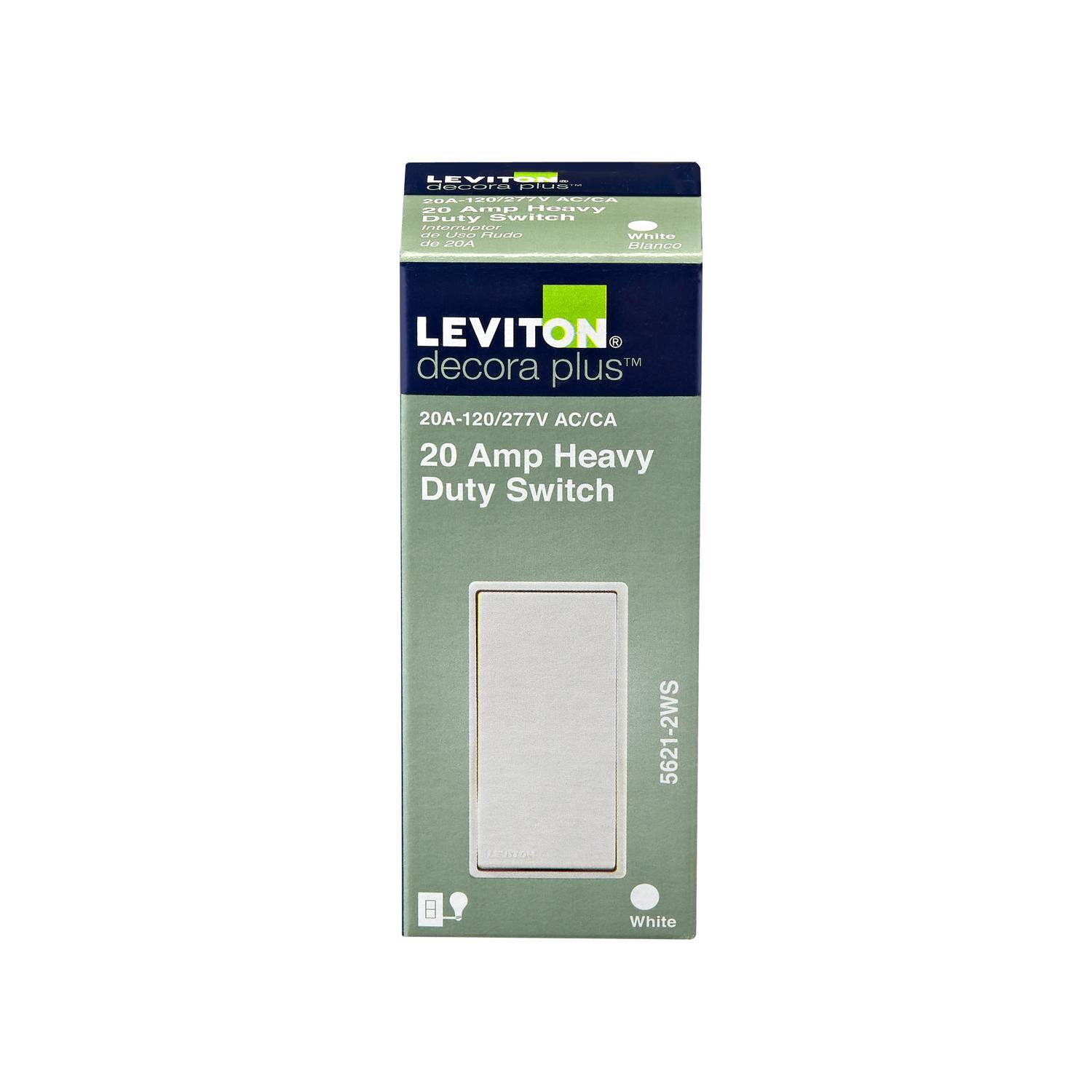LEVITON  
decora plus™  
20A-120/277V AC/CA  
20 Amp Heavy Duty Switch  
5621-2WS  
White  

LEVITON  
decora™ plus  
20A-120/277V AC/CA  
20 Amp Heavy Duty Switch  
5621-2WS  
White