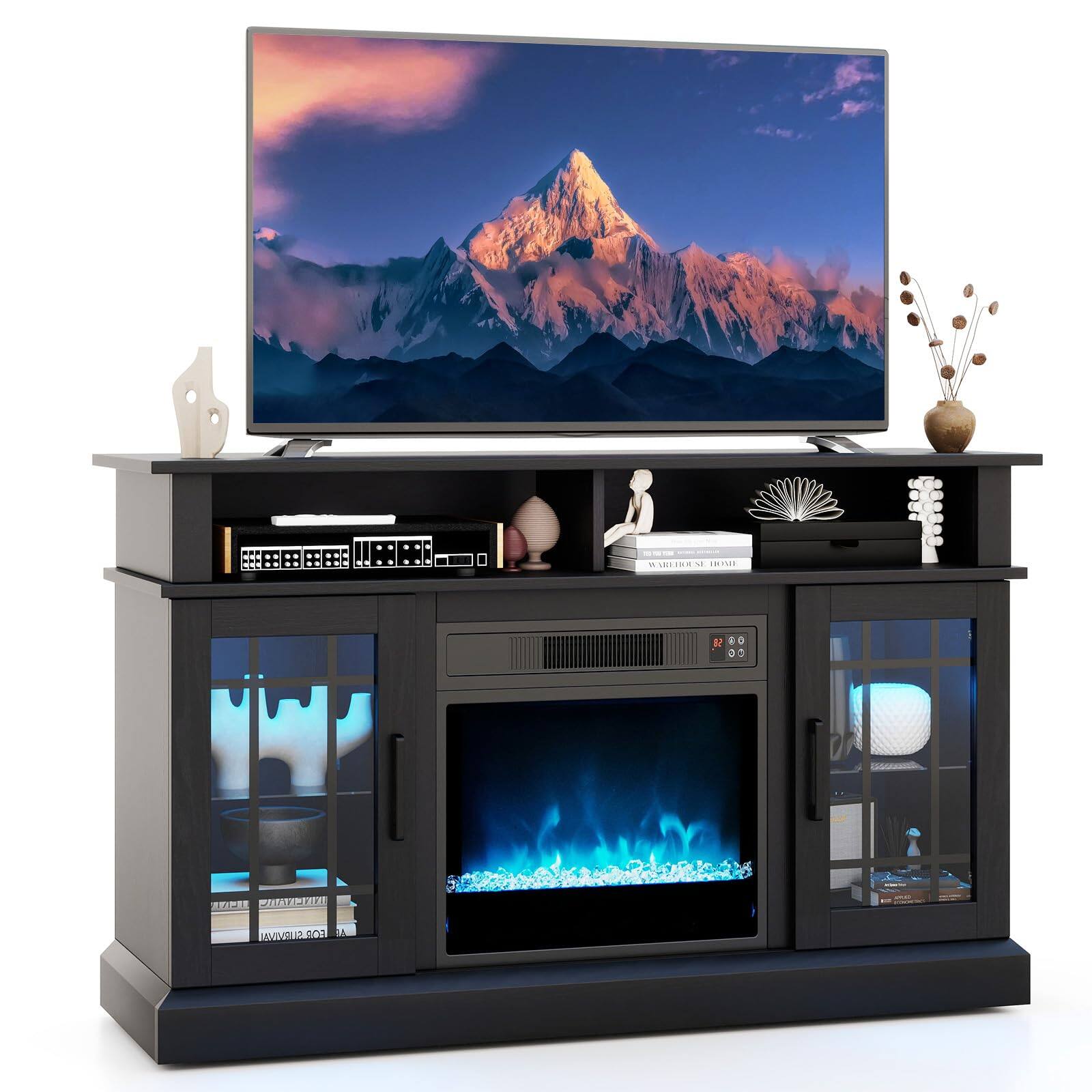 Ecooso - TV Stand with Electric Fireplace, LED Lights and Remote for TVs up to 40 Inch - Black