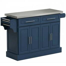 PULUZ - Rolling Kitchen Island with Stainless Steel Top, 2 Drawers, Spice, Knife and Towel Rack and Cabinets - Navy Blue