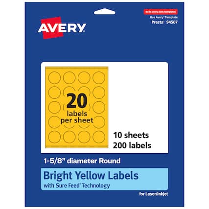 Go to avery.com/templates
AVERY
Use Avery Template Presta® 94507
20 labels per sheet
10 sheets
200 labels
1-5/8" diameter Round
Bright Yellow Labels with Sure Feed® Technology for Laser/Inkjet