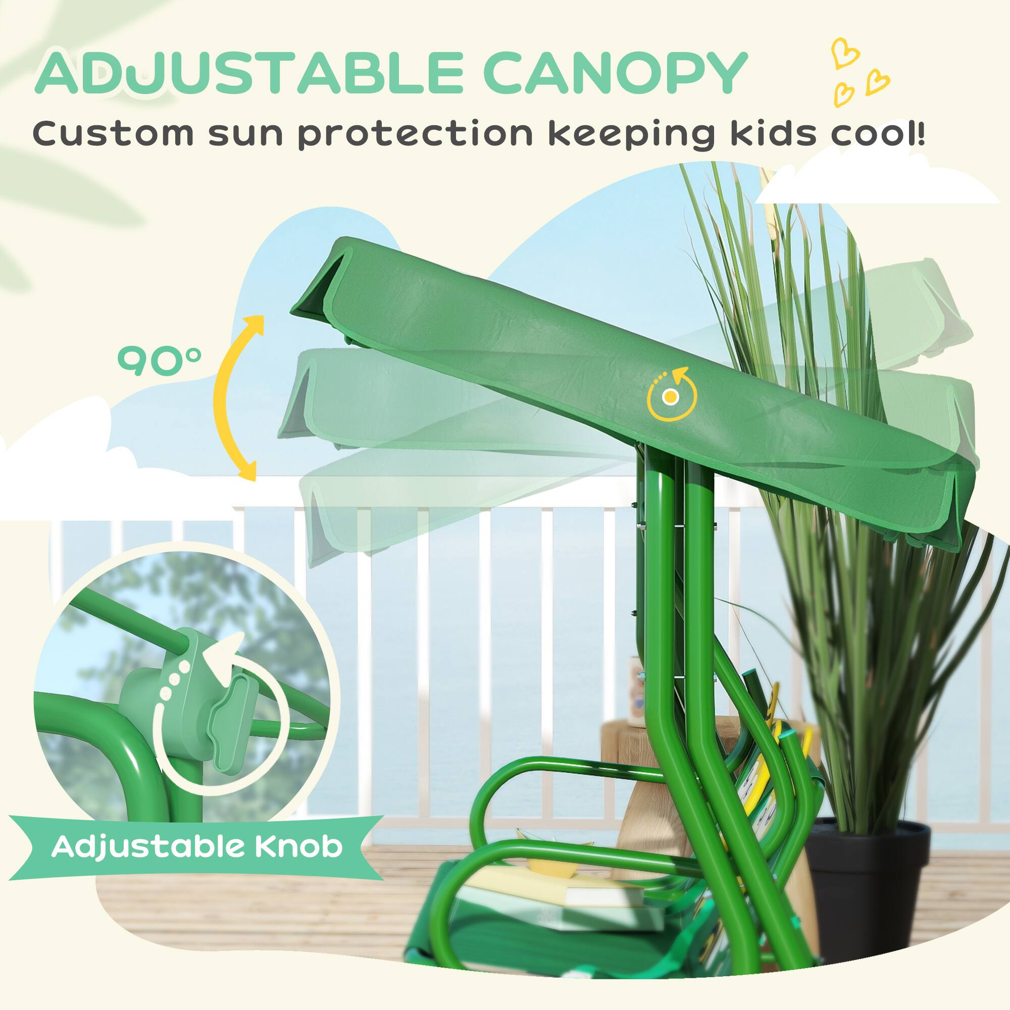 ADJUSTABLE CANOPY  
Custom sun protection keeping kids cool!  

90° Adjustable Knob